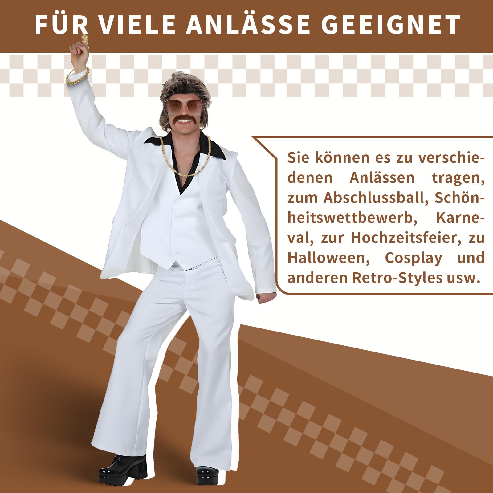 GADITIEK 80er Jahre Outfit Herren 6er Set, Vokuhila Perücke Herren, 80er Jahre Accessoires Männer, 70er 80er 90er Zuhälter Kostüm Disco Party Kleidung
