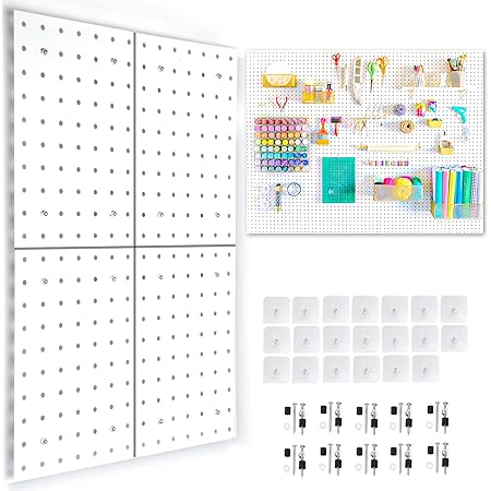 Pegboard 4pcs,Small Peg board,Pegboard Wall Organizer with Self-Adhesive Hooks, No Drilling to Wall,Peg boards for Walls,2 Easy Installation Ways,Metal Pegboard for Craft Room Garage Kitchen Workshop