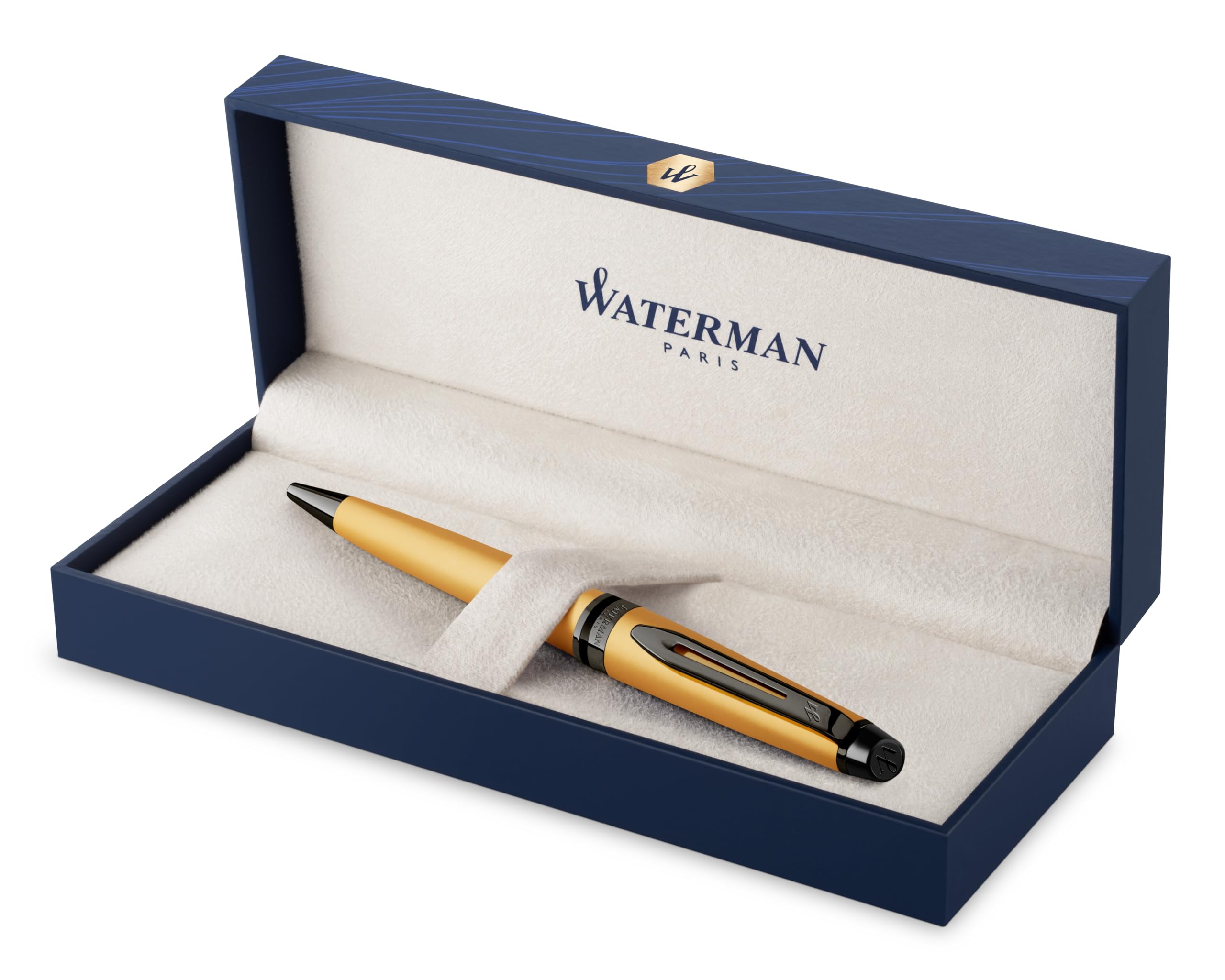 Waterman Expert - Penna a sfera di alta qualità, laccata oro metallizzato con finiture in rutenio nero, inchiostro nero, confezione regalo