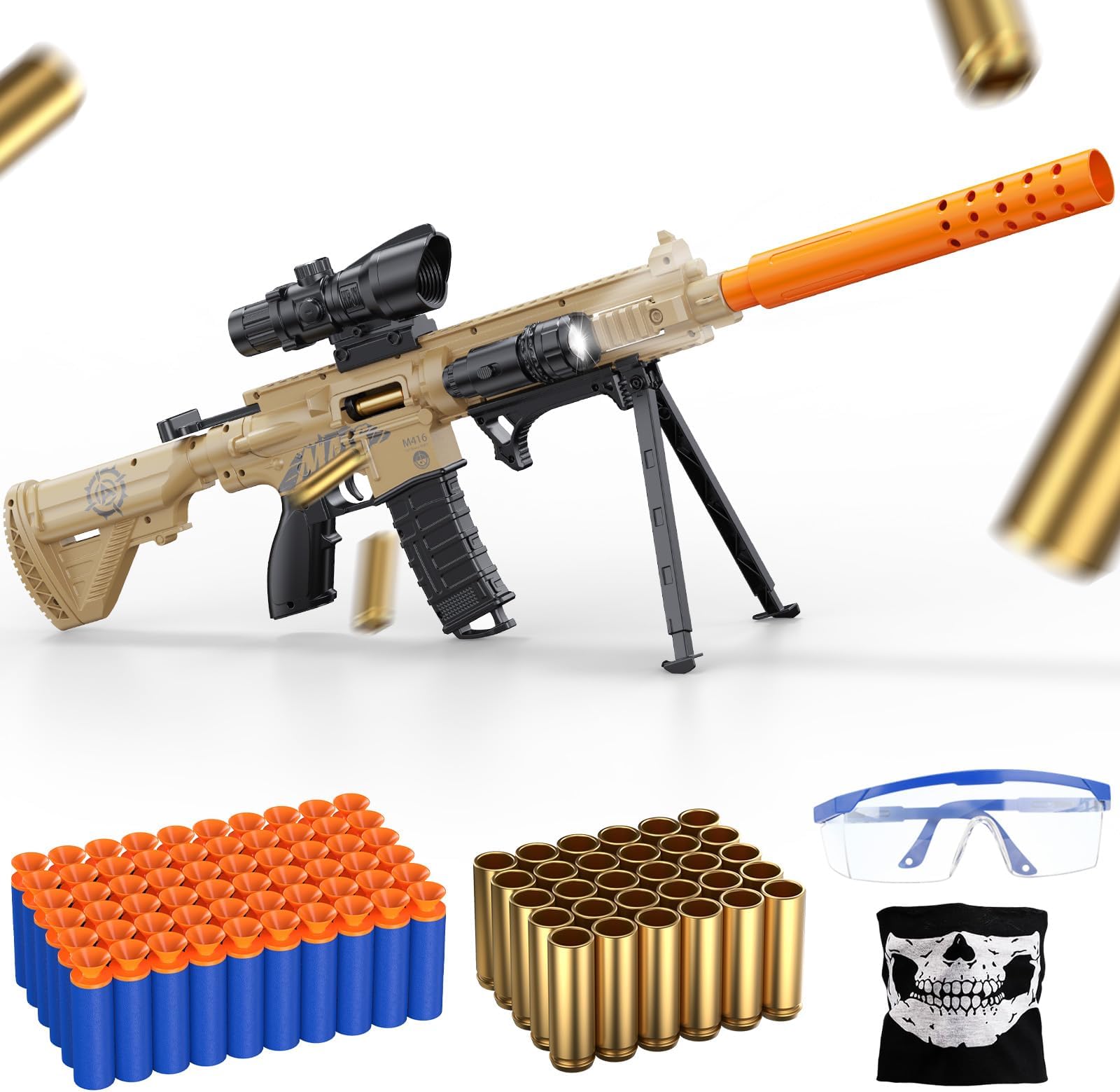 Toy Gun with Shell Ejecting, Toy Foam Blasters Guns with Soft Bullets 2 Magazines, Scope, Tactical Face Towel, Yellow