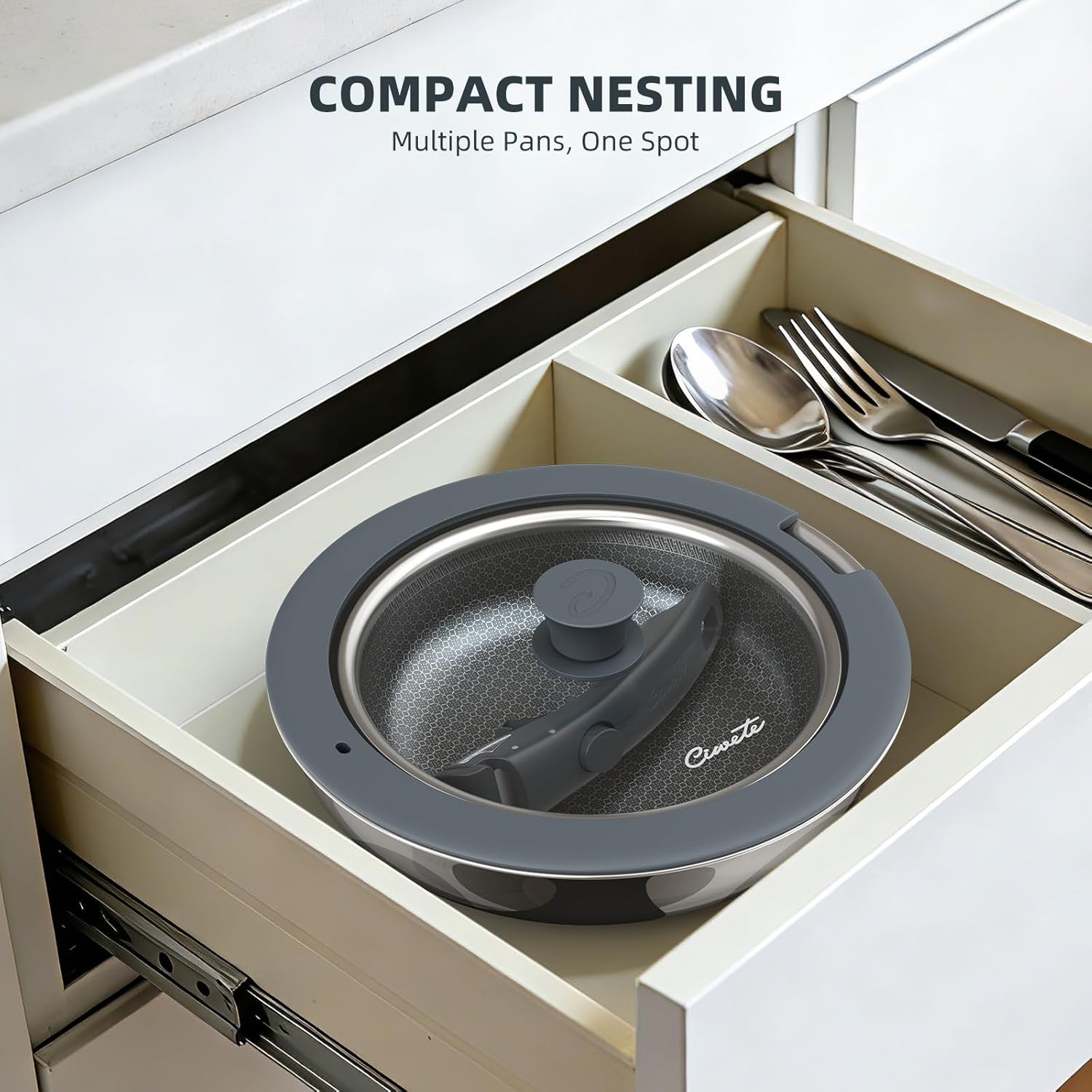 Hybrid Non Stick Frying Pans Set 4-Piece, 8 & 9.5 Inch Tri-Ply Stainless Steel Pans with Lid and Detachable Handle, PFOA Free Skillets for All Cooktops, Dishwasher & Oven-Safe Cookware Set