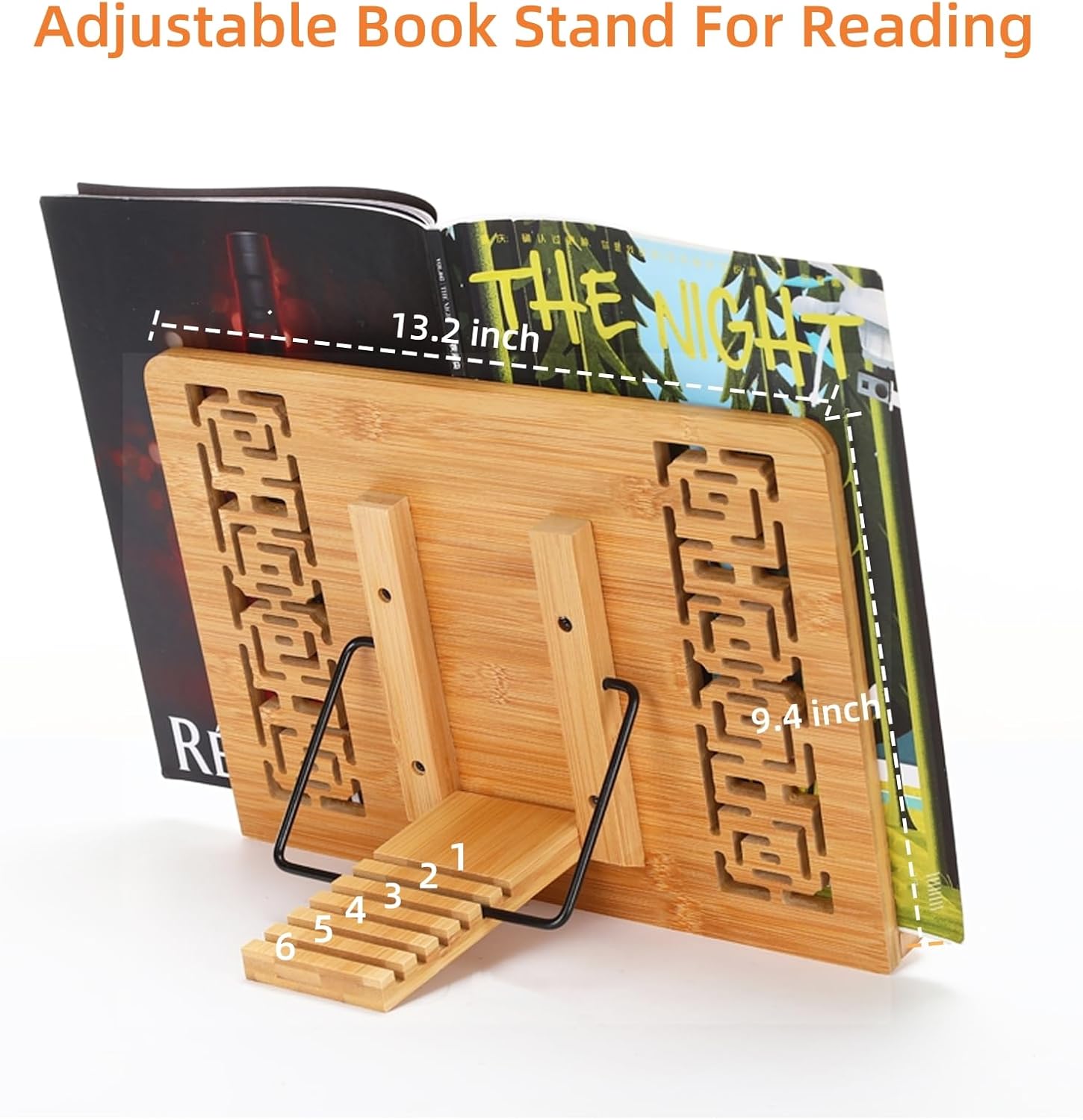 MEGREZ Book Stand for Reading (13.2 x 9.4 inch) Bamboo Cookbook Stand Holder for Kitchen, Adjustable Book Holder Stand for Tablet/Textbook Holder/Hollow Bookrest Stand, Butterflies