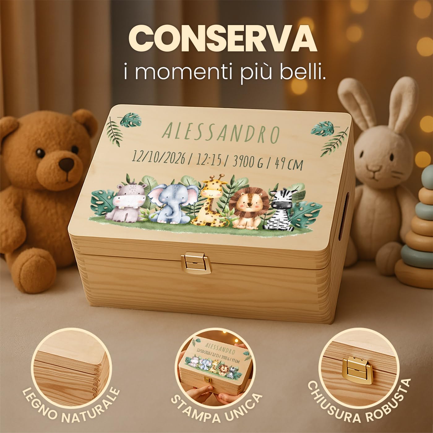 Maverton Scatola Ricordi Neonato o Neonata Personalizzata - Scatola Regalo per Bambini in Legno di Pino Naturale - Regalo Battesimo Bimbo o Bimba - regalo di Natale - Porta Oggetti per Ricordi Nascita - 5