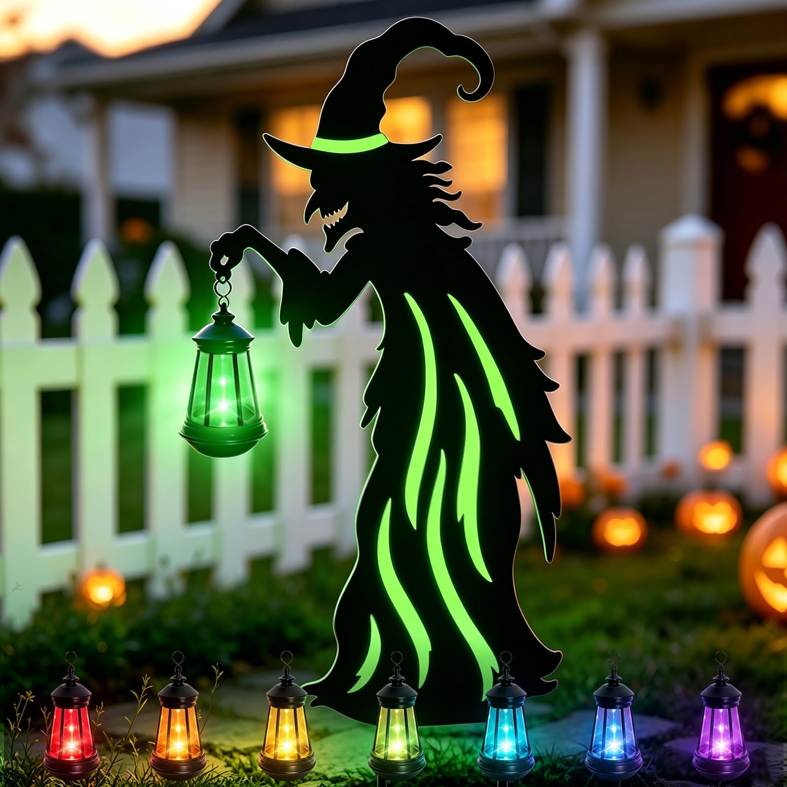 VOOKRY 31.5"Halloween Witch Lantern Outdoor Decor,Solar Lighted Witch Stake
