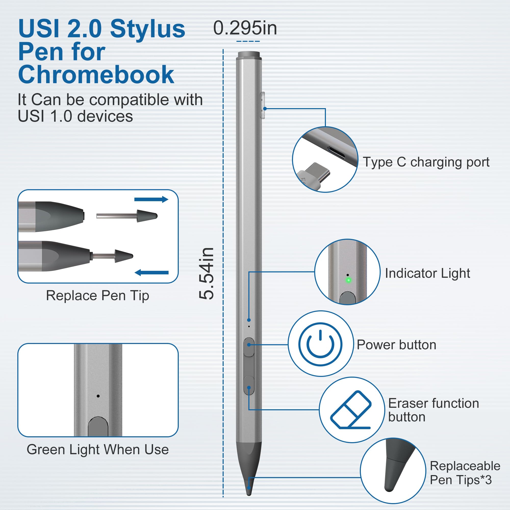Penna stilo USI 2.0 per Chromebook, 4096 sensibilità alla pressione Penna stilo USI per Amazon Fire Max 11, Lenovo Chromebook Duet, Acer chromebook Spin314, HP, Google Pixel Tablet Stylus