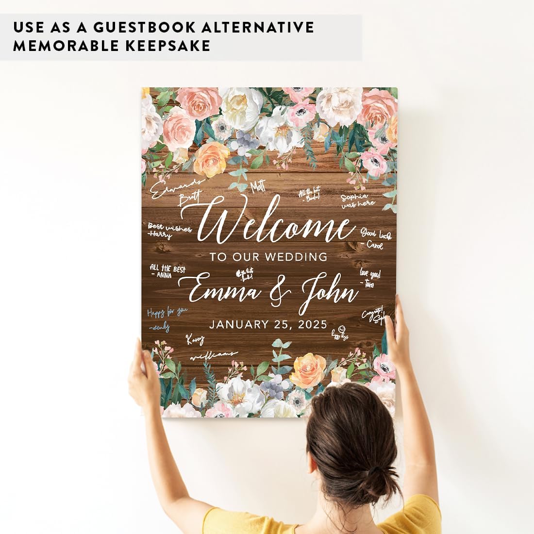 Andaz Press Custom Large Canvas Wedding Guest Book Alternative, 16 x 20 Inches, Rustic Wood Florals Vertical Personalized Sign Our Canvas Guest Book Signs for Wedding Rustic Woodland Theme Events