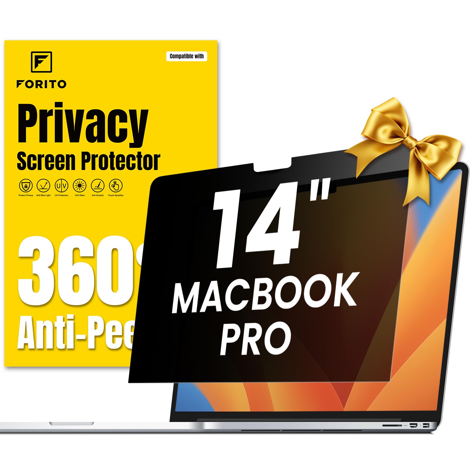 F FORITO 360° Privacy Screen Protector Compatible with MacBook Pro 14 inch (2025-2021, M5 M4 M3 M2 M1 Pro Max Chip), Anti Peeping Anti Glare and Anti Blue Light Laptop Privacy Screen Shield