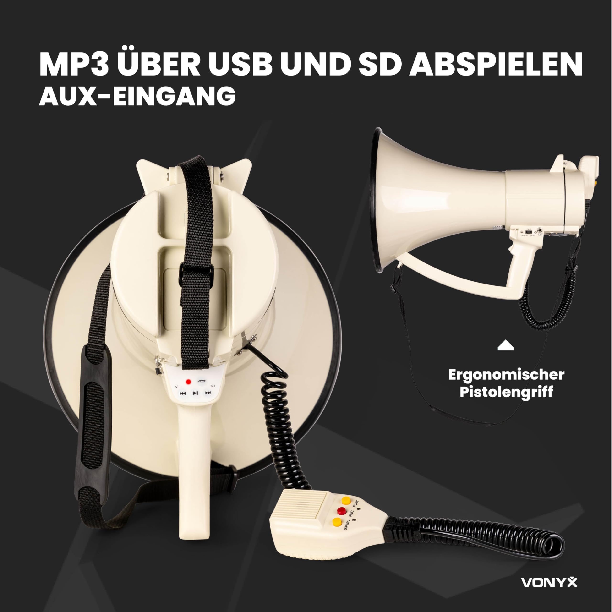 Vonyx MEG120 - Akku Megafon mit Sirene und Mikrofon, inkl. 1x Ersatz-Akku, Bluetooth, Aufnahmefunktion, 120 Watt Megaphon mit Mikrofon, bis 1600 Meter, USB, SD & AUX, Megaphon mit Umhängegurt, Beige