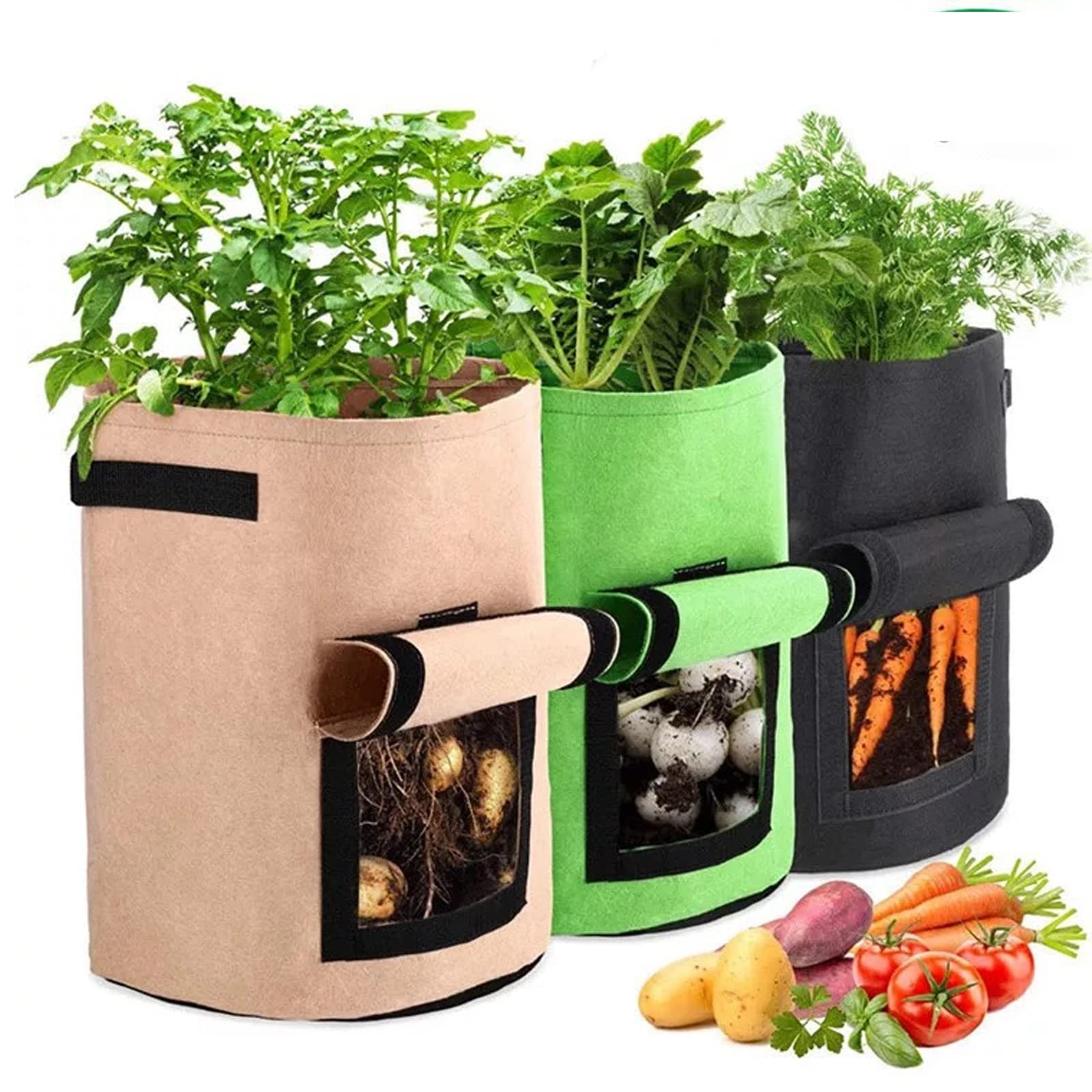 Bolsa de Cultivo de Plantas, 3 PCS Saco de Patatas Contenedor De Cultivo De Tomate con Asas, con Ventana de visión, Bolsa De Siembra De Plantas para Fresa, Flor, Frutas, 25 * 30cm