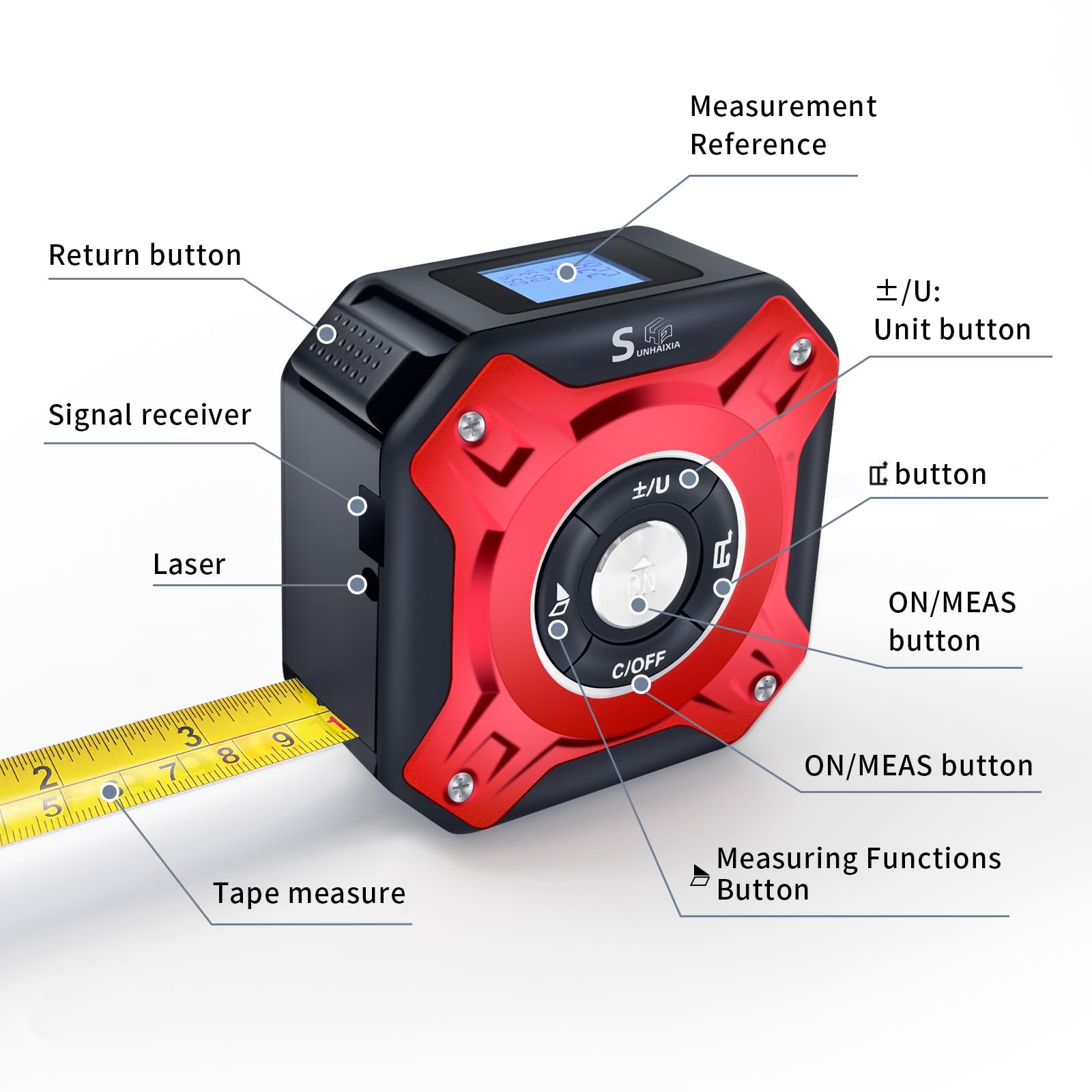 2 in 1 Digital Laser Tape Measure | 130ft/40m Laser Distance Meter Display On Backlit LCD Screen with 16ft/5m AutoLock Measuring Tape | Ft/Inch/Fractions/M/mm (Red)