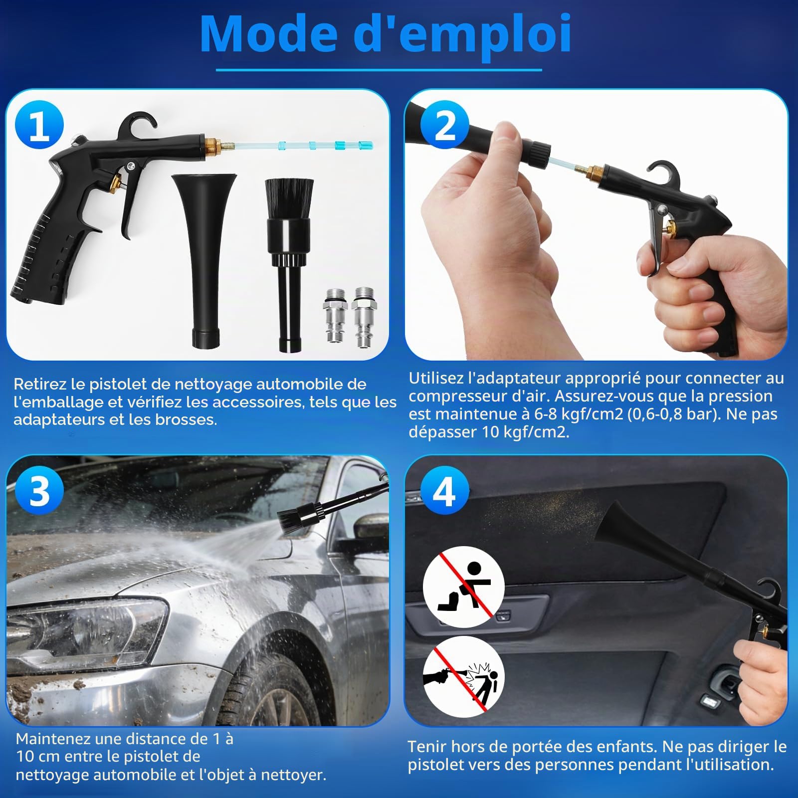 Pistolet de Nettoyage Voiture, 6-9.2 Bar, Pistolet de Nettoyage à Air Comprimé, Soufflette Air Comprimé avec 2 Buses, pour Intérieurs de Voiture et Moquette