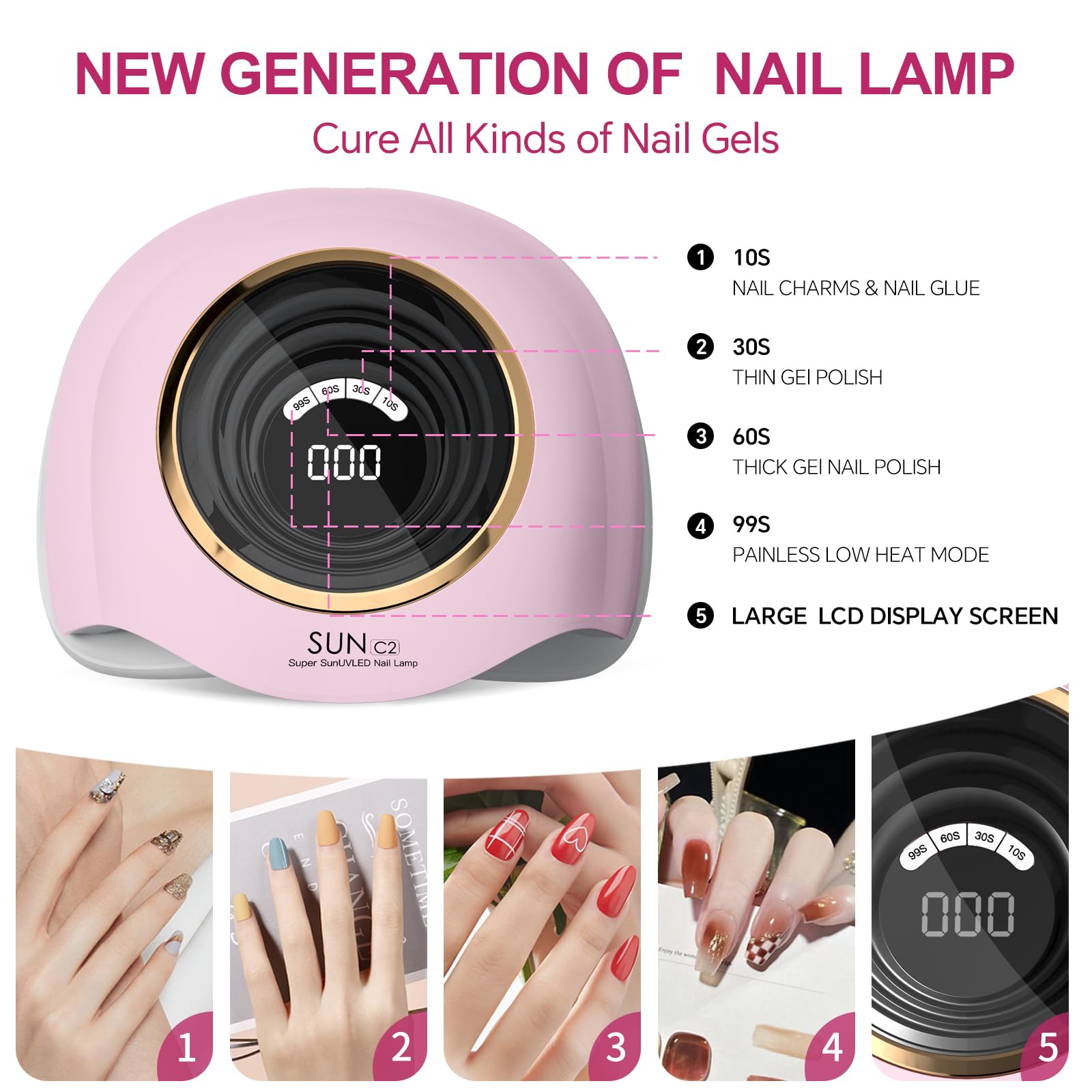 Lámpara de uñas LED UV profesional de 288 W con 63 cuentas, secadora de gel más rápida para el hogar y el salón, sensor inteligente, pantalla LCD y 4 temporizadores, luz rosa de grado de salón 2