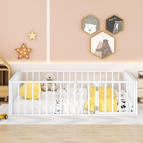 Miniatura 3 de Base de cama Queen para niños, cama Montessori de metal con rieles y puerta, marco de cama tamaño Queen con barandillas en forma de valla, cama