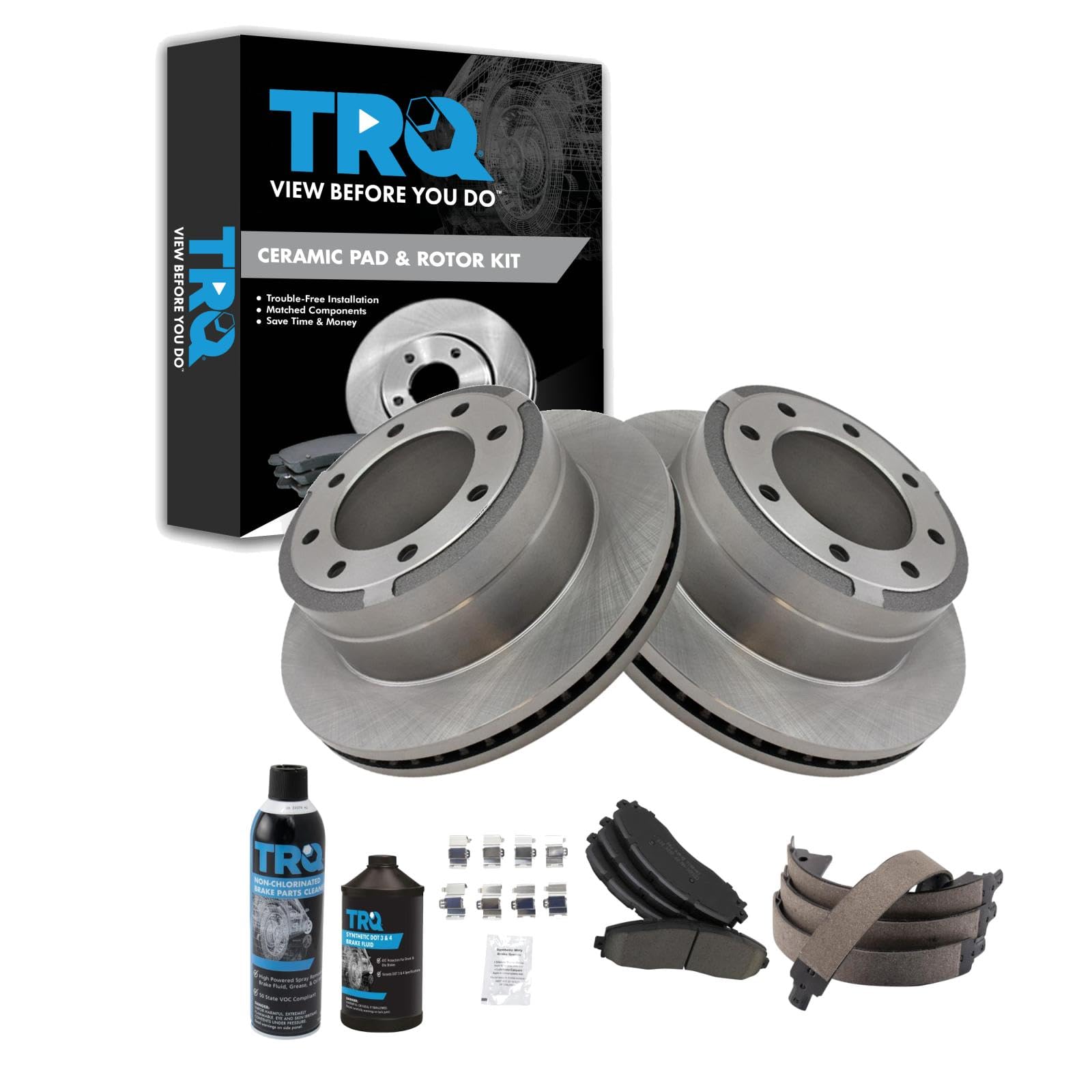 TRQ Rear Brake Pad &amp; Rotor Kit, with Chemical Kit Parking Brake Shoe Set Ceramic Compatible with 2013-2021 Ford F-250 Super Duty F-350 Super Duty