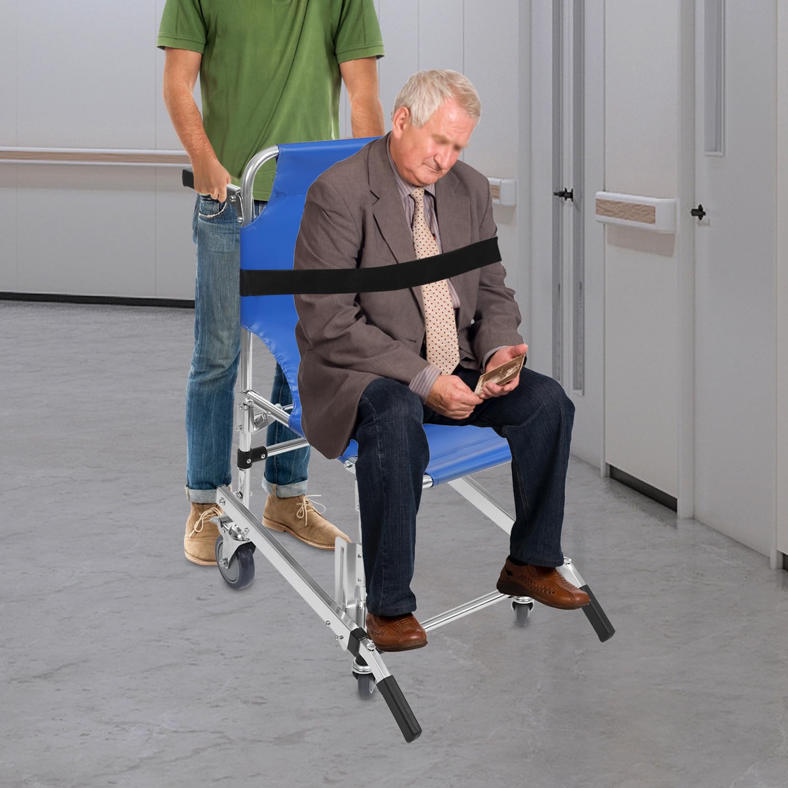 Krzesło schodowe dla seniorów, składane, ze stopu aluminium, z uchwytami, pasy bezpieczeństwa, podnóżek, krzesło ewakuacyjne do wózka ratunkowego, strażaka, do 160 kg