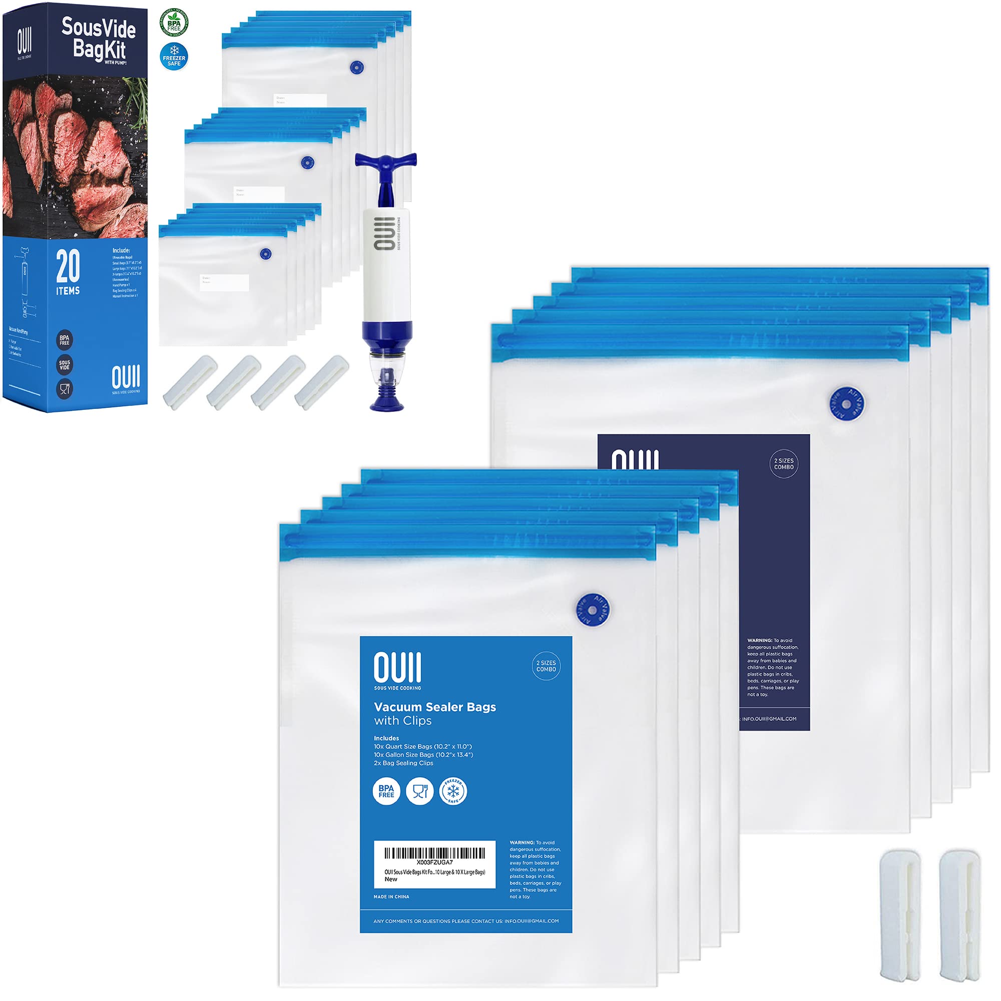 OUII Sous Vide Bags Kit Bundle - 42 Pieces Kit with Vacuum Sealer Bags, Hand Pump & Clips