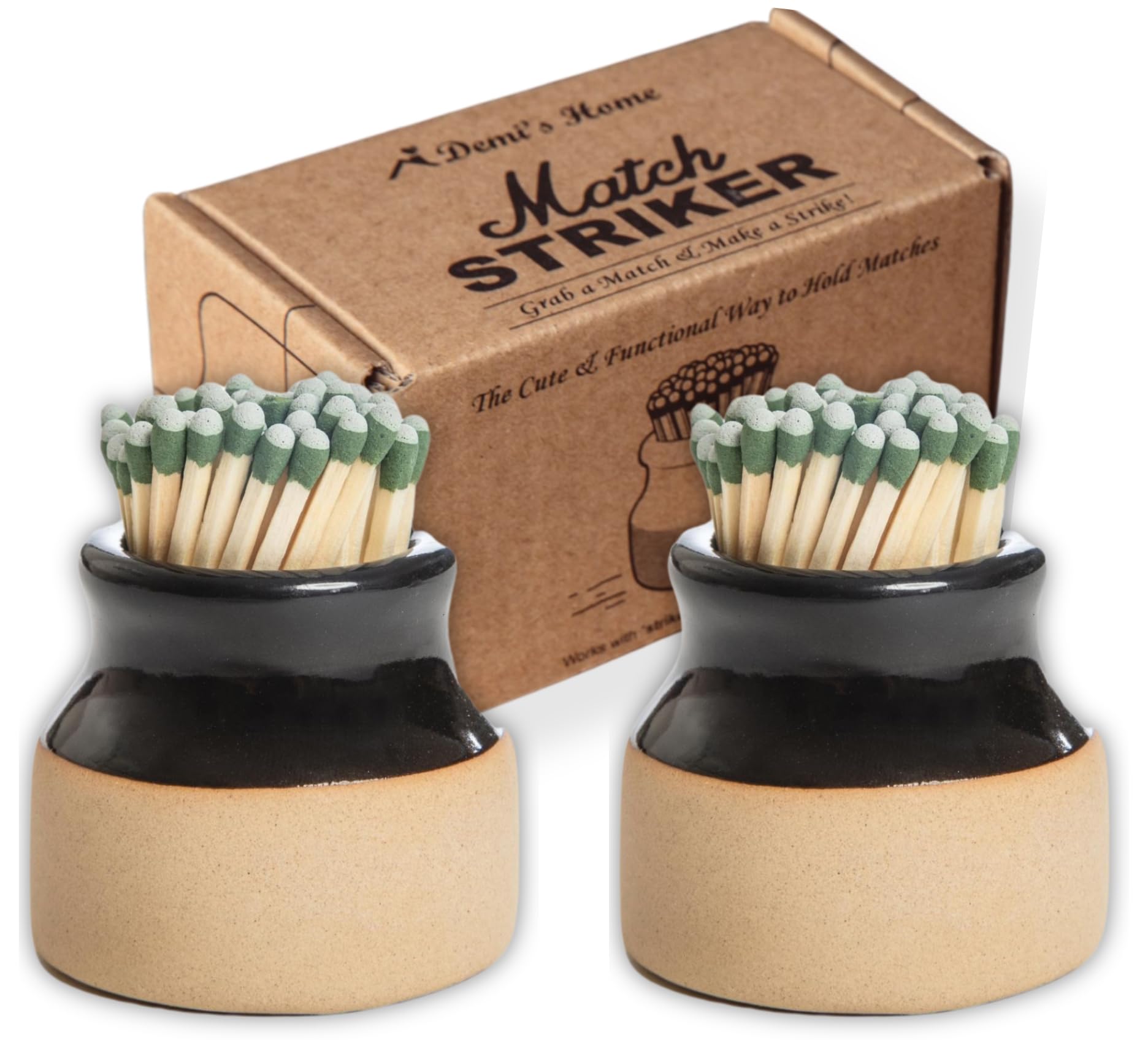 Match Striker - Set of 2 - Black - (Matches Not Included) - Ceramic Match Holder with Striker