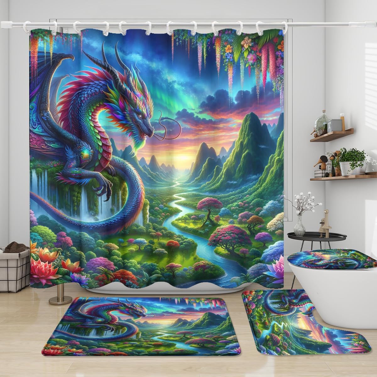Fantasy Rainbow Colorful Dragon 4 Pcs Shower Curtain Sets,Dreamy Watercolor Japanese Anime Spring Forest Dragon Non-Slip Rugs,Toilet Lid Cover Bath Mat,Durable and Waterproof,for Bathroom