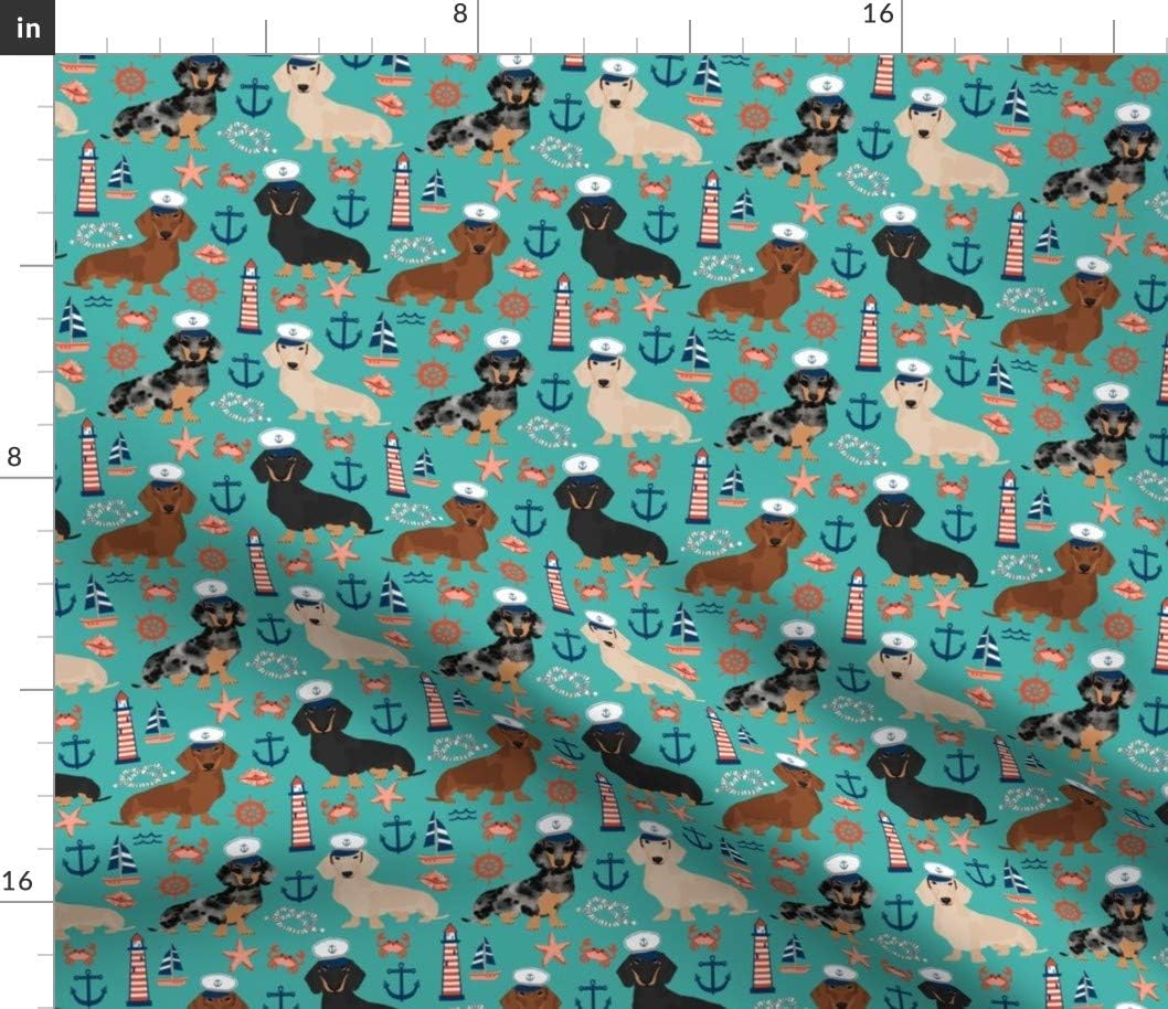 Spoonflower Fabric - Dachshund Dog Nautical Summer Turquoise Dogs Anchors Pet Portrait Printed on Cotton Poplin Fabric by The Yard - Sewing Shirting Quilting Dresses Apparel Crafts