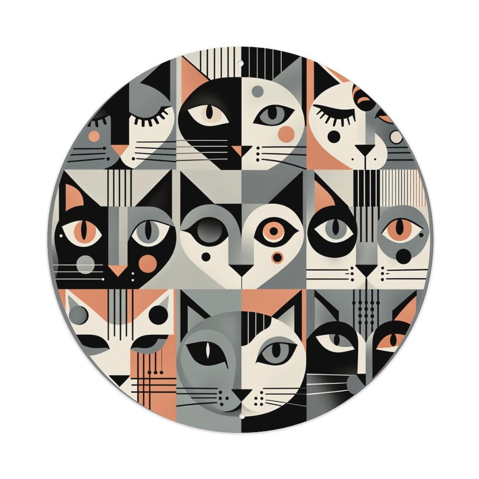 Geometric Cat Faces Pattern Art Round Tin Sign Vintage Style Metal Sign Home Bar Garden Wall Plaque Decor Metal Poster 8x8 Inch