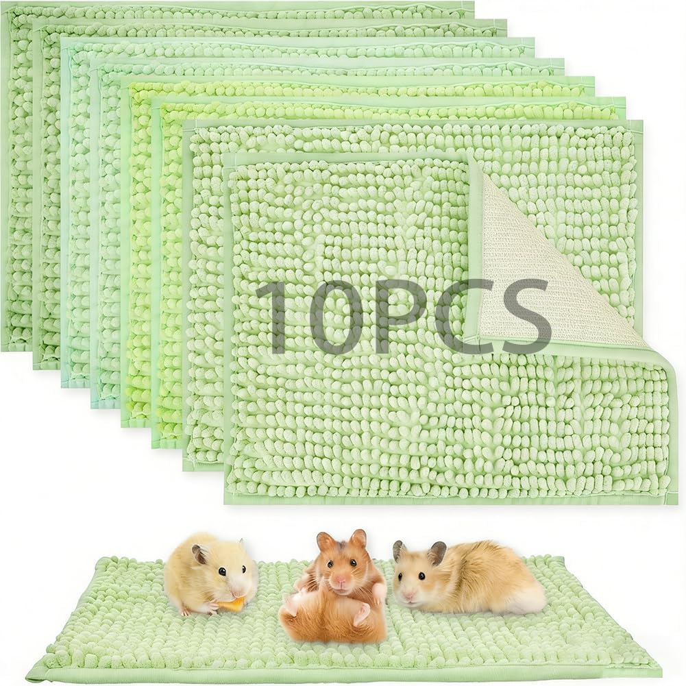 Guinea Pig Cage Liner, 10 PCS Washable Fleece Bedding Pad, Reusable Pee Pad Mat for Small Animals, Reusable Bunny Rabbit Cage Liner Hamster Chinchilla Cage Accessories 16x12 Inch (Green)