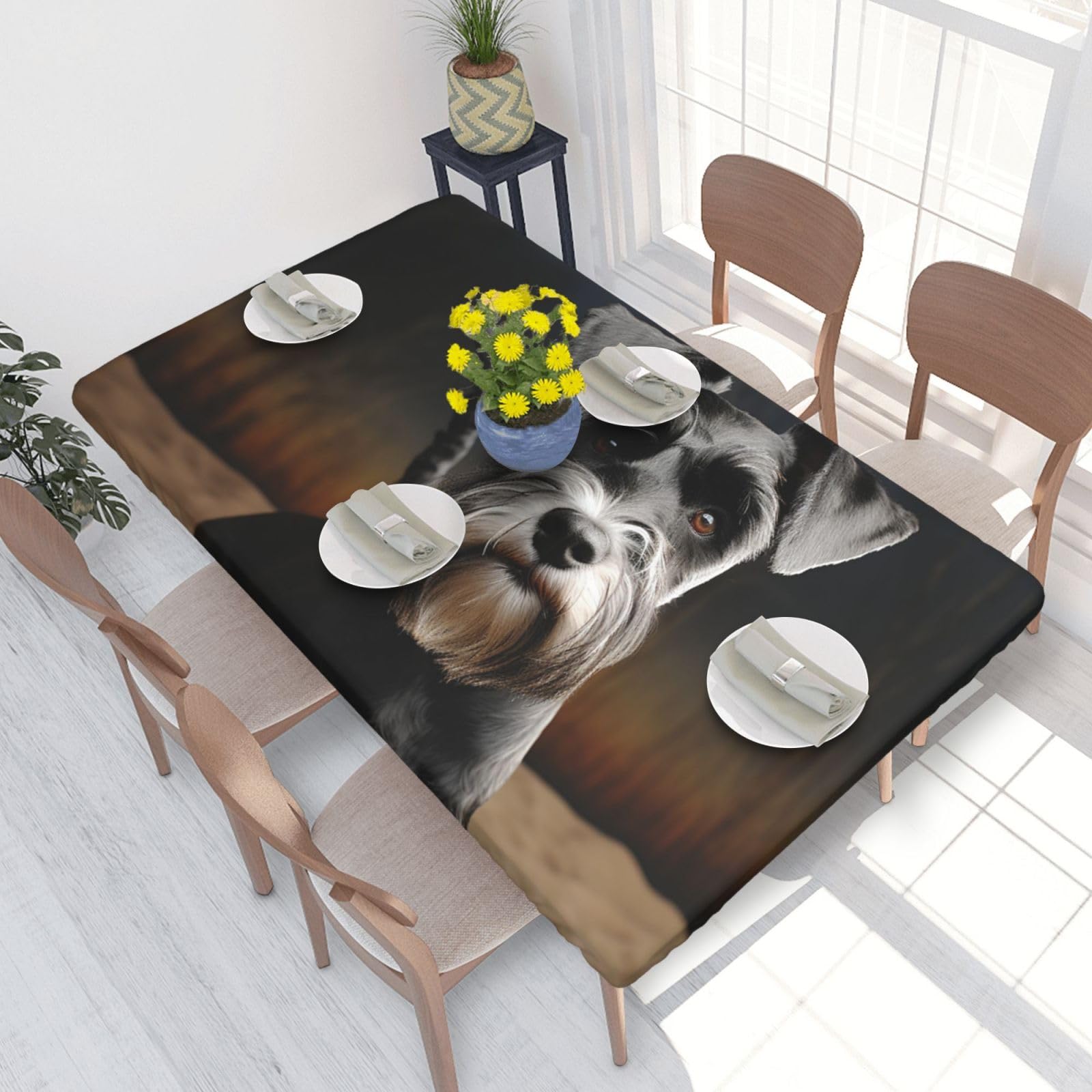 Animal Schnauzer Dog Waterproof Square Table Cover Elastic Fitted Tablecloth Oil Proof Table Protector For 4ft Table