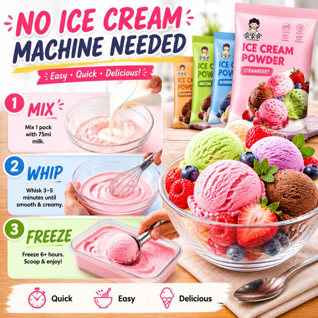 Helado En Polvo Casero - 5 Sabores (40 G X Paquetes) | Bricolaje Fácil | Suave Y Cremoso | No Se Necesita Máquina For Hacer Helados