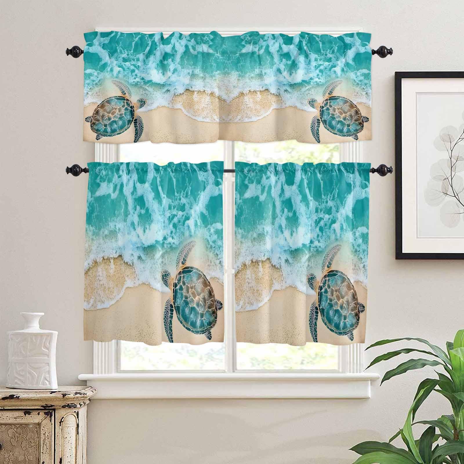 Turtle Kitchen Curtains 36 Inch Length, 3 Piece Rod Pocket Small Half Tiers and Valance Set, Coastal Seaside Nature Ocean Marine Animal Small Large Window Treatment Decor for Bedroom/Bathroom Sink