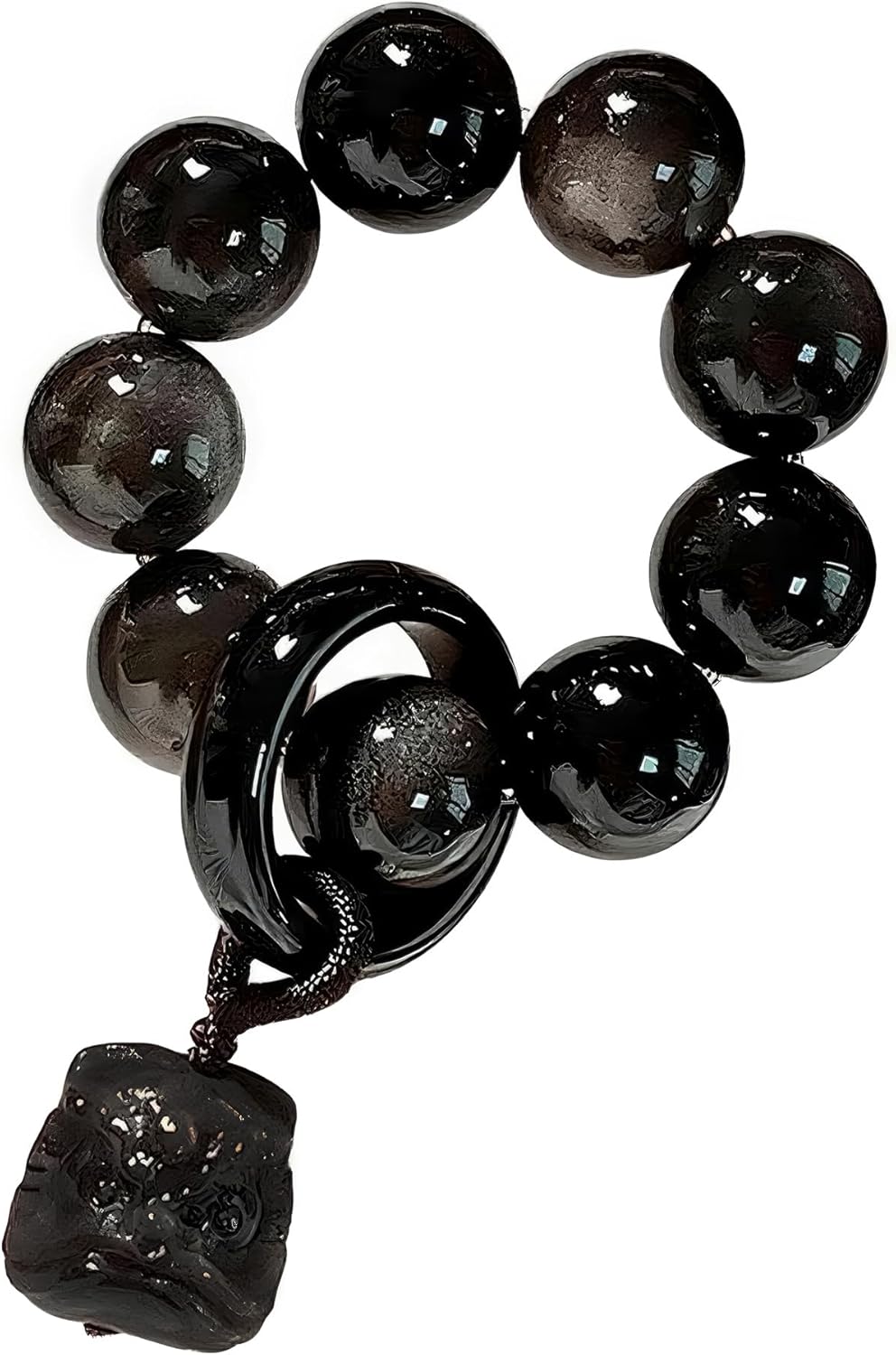 Golden Obsidian Worry Beads with Lion Charm, Handheld Fidget Rosary for Meditation, Spiritual Good Luck Amulet
