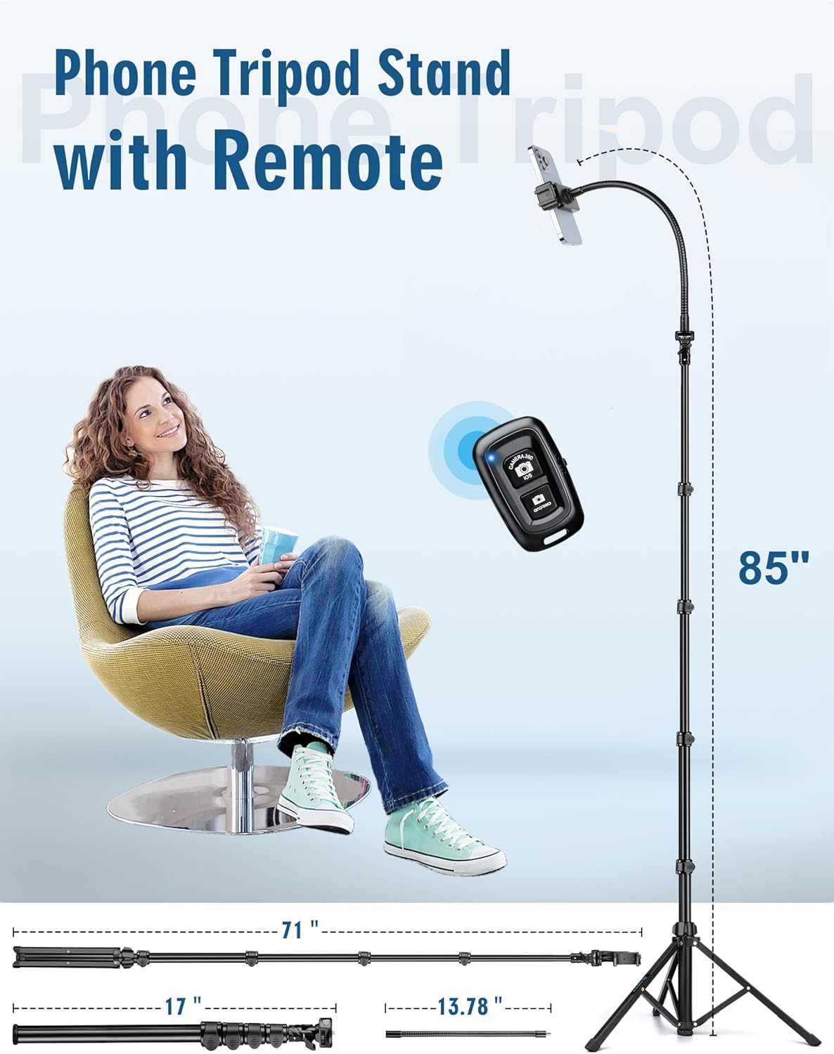 Phone Tripod, 85" Tripod for Cell Phone iPhone with Gooseneck, Aluminum Tripods Stand for Video Recording Photo Vlog, Travel Cellphone Tripod with Remote Compatible with iPhone Android - Image 3