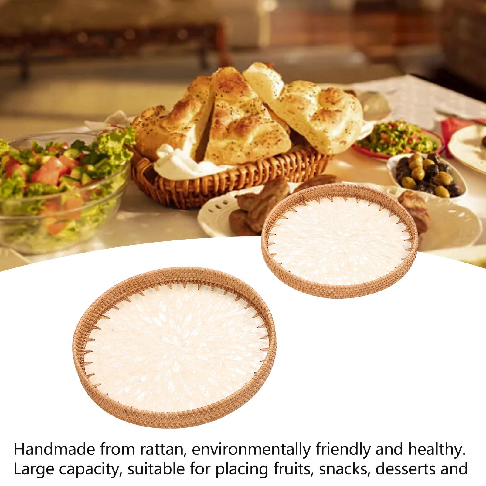Rundes Rattan Tablett mit Perlmutt Inlay, 2 Stück 30/35 cm Handgewebtes Rattan Serviertabletts Dekoratives Runde Tabletts mit Holzboden für Obst, Brot, Snacks, Kaffee (Weiß)