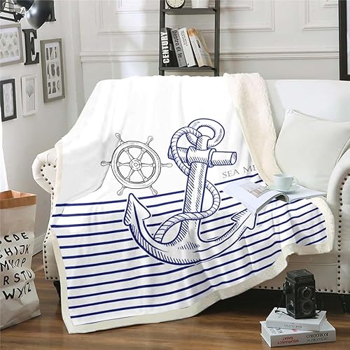 Miniatura 21 de Manta de olas oceánicas para cama, silla, retro, brújula, velero, manta náutica para decoración de dormitorio de niños, manta de vellón marino con