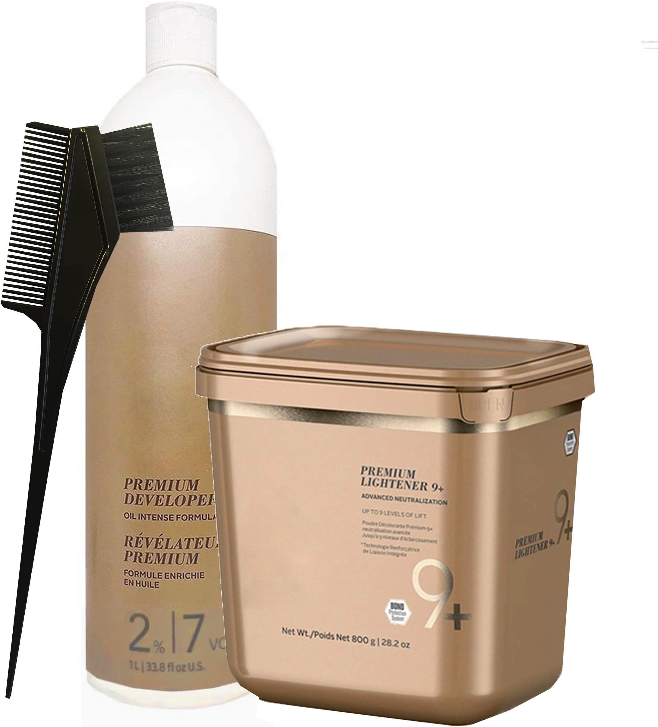 BlondeMe Lightener 9+ Premium Bleach 800 grams, Blonde Me Developer 2% / 7 Vol 1 Liter and M Hair Designs Tint Brush Comb (Bundle), Off White