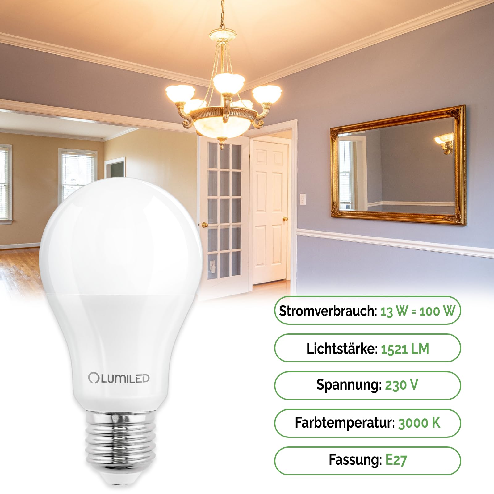 Lampa LED LUMILED A60 E27, 13W (zastępuje 135W), żarówka 1521 lumens, 3000K ciepła biel, nieściemnialna, kąt świecenia 260°, szt. 6