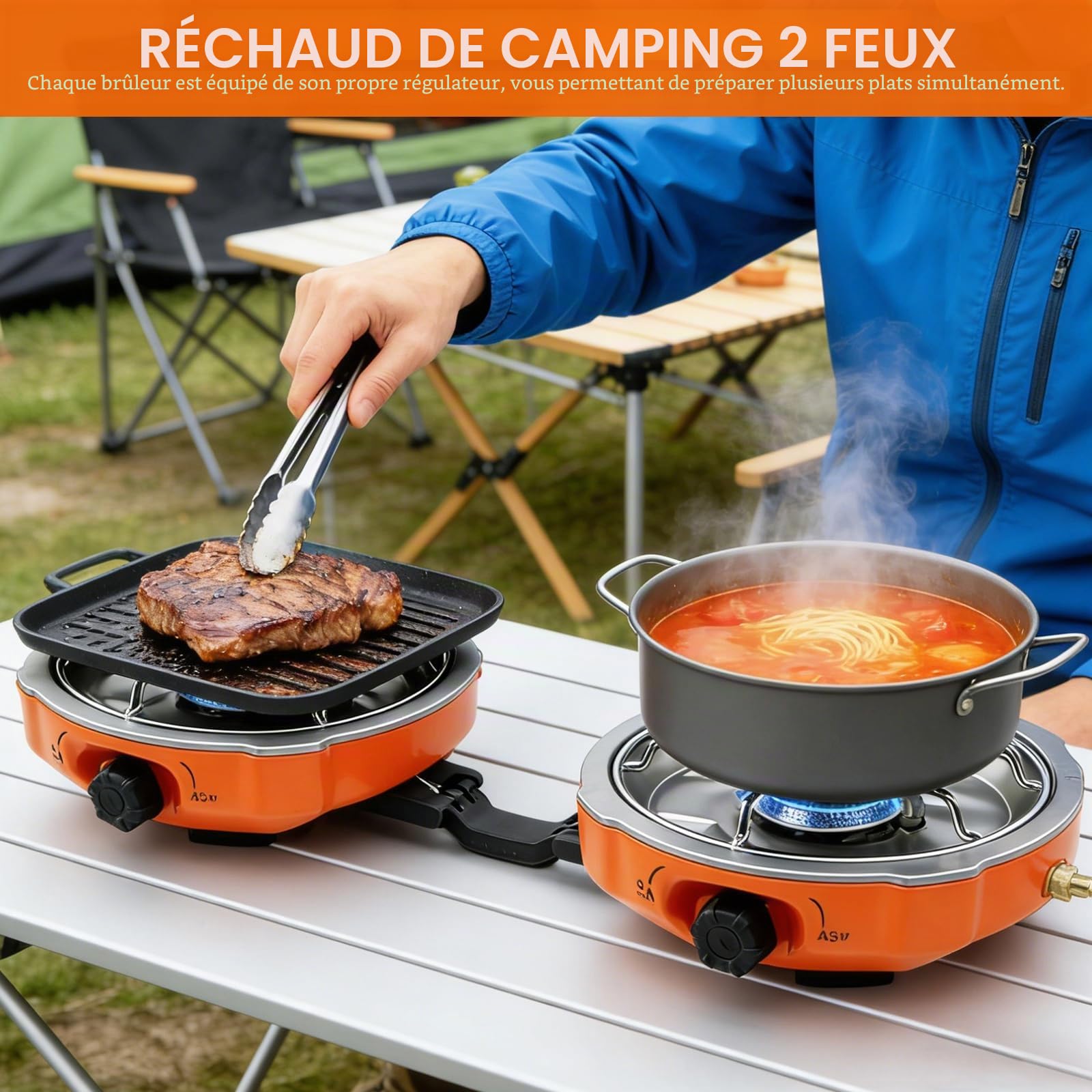 Réchaud de Camping à 2 Brûleurs, Réchaud à Gaz à 2 Feux Pliable avec Allumage Piézoélectrique, pour Barbecue en Plein Air, Randonnée et Urgences, Sac de Transport et Pare-vent Inclus