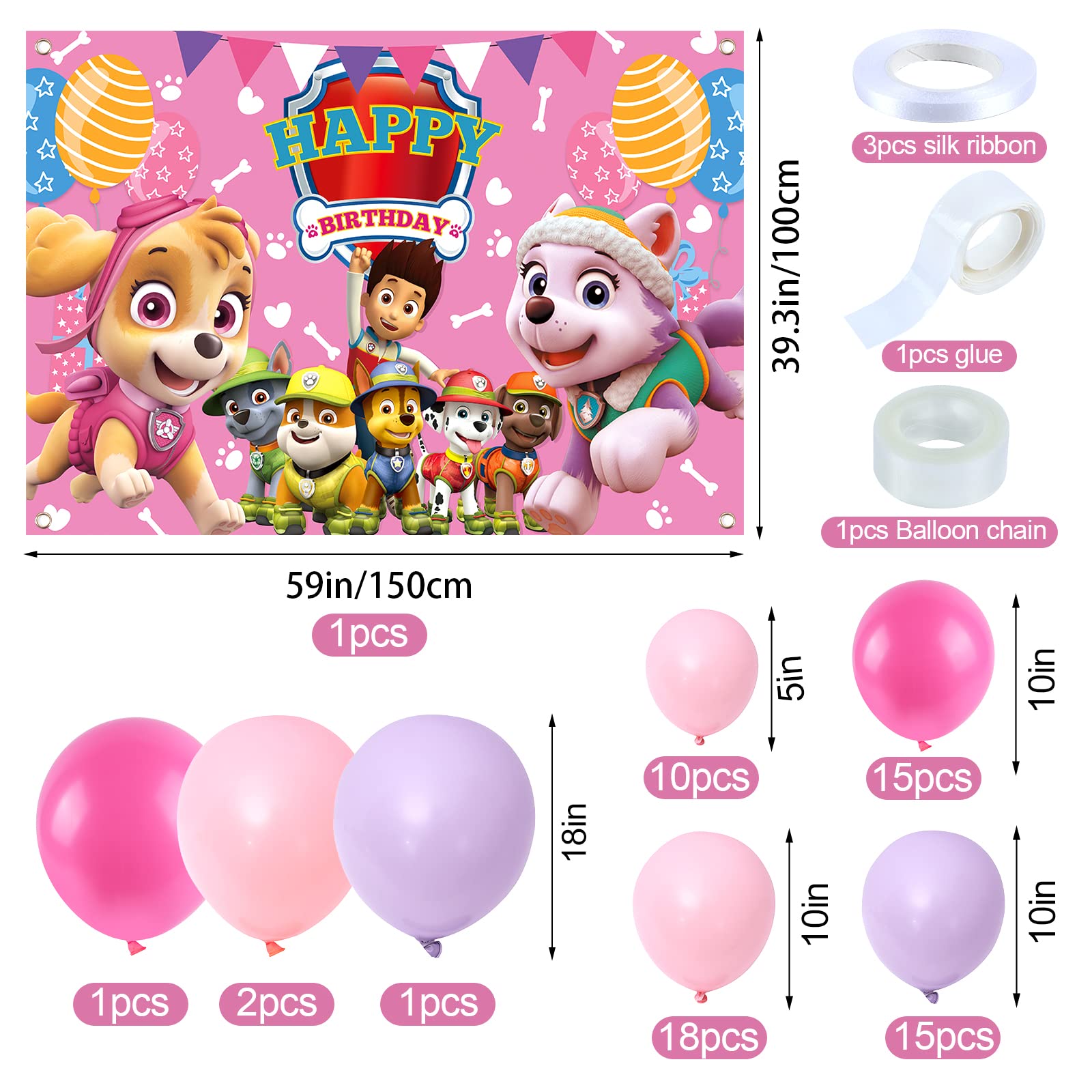 Déco Anniversaire Pat' Patrouille - Ballons Rose Numéro 3, Banderole, Pour 3 Ans