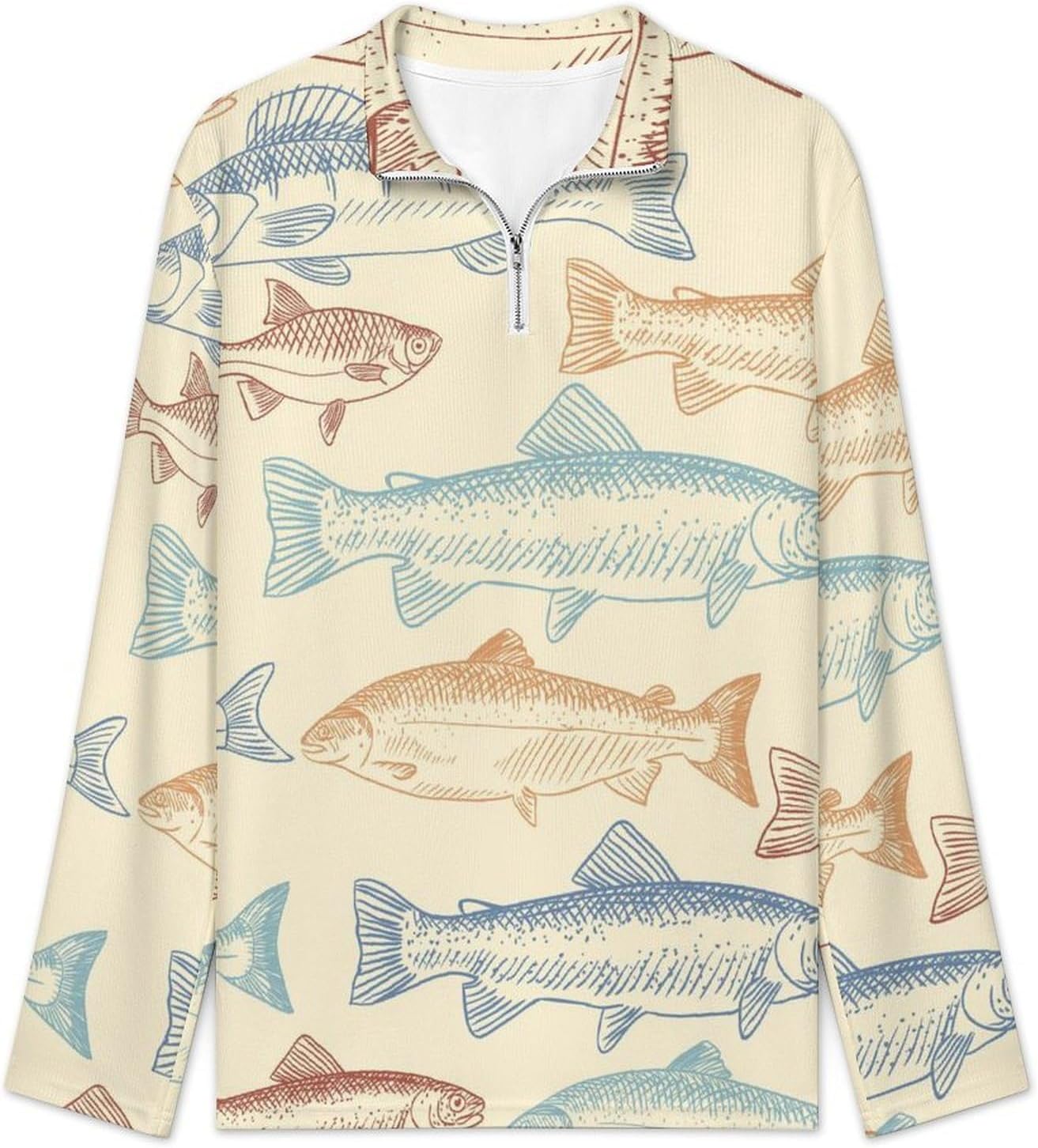 [teetsy] セーター メンズ 可愛い 魚柄 魚の種 レトロ 長袖ポロシャツ レディース ハーフジップ オシャレ ビジネス カジ