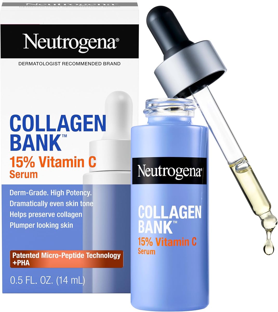 Collagen Bank 15%, suero facial con vitamina C, 0.5 fl. onzas | Sin fragancia, para rostro y cuello antienvejecimiento, esencia de colágeno, micropéptidos, mejora el tono desigual, da volumen a la piel