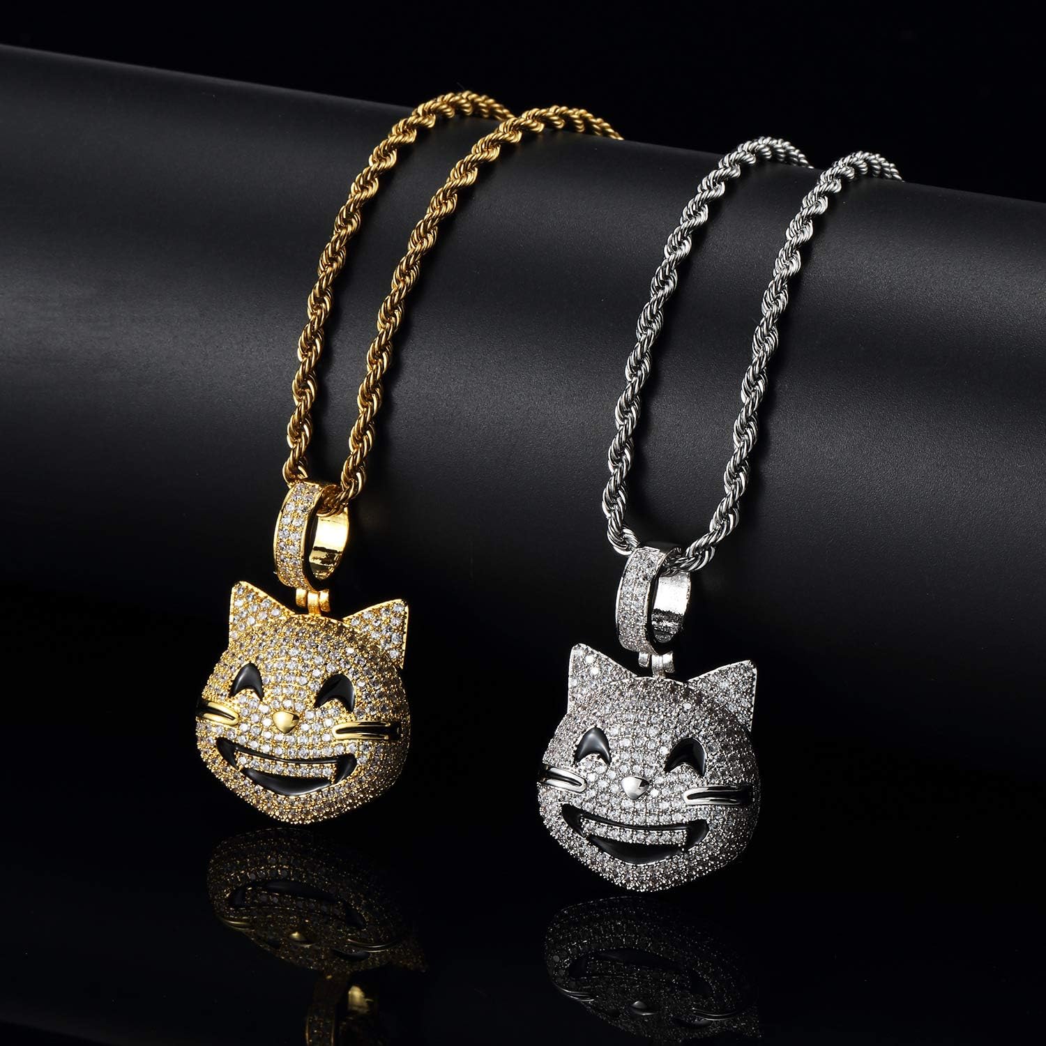 Iced Out Lucky Cat Pendant Necklace 18K Gold Plated Bling CZ Simulated Diamond Hip Hop Rapper Chain Necklace for Men Women