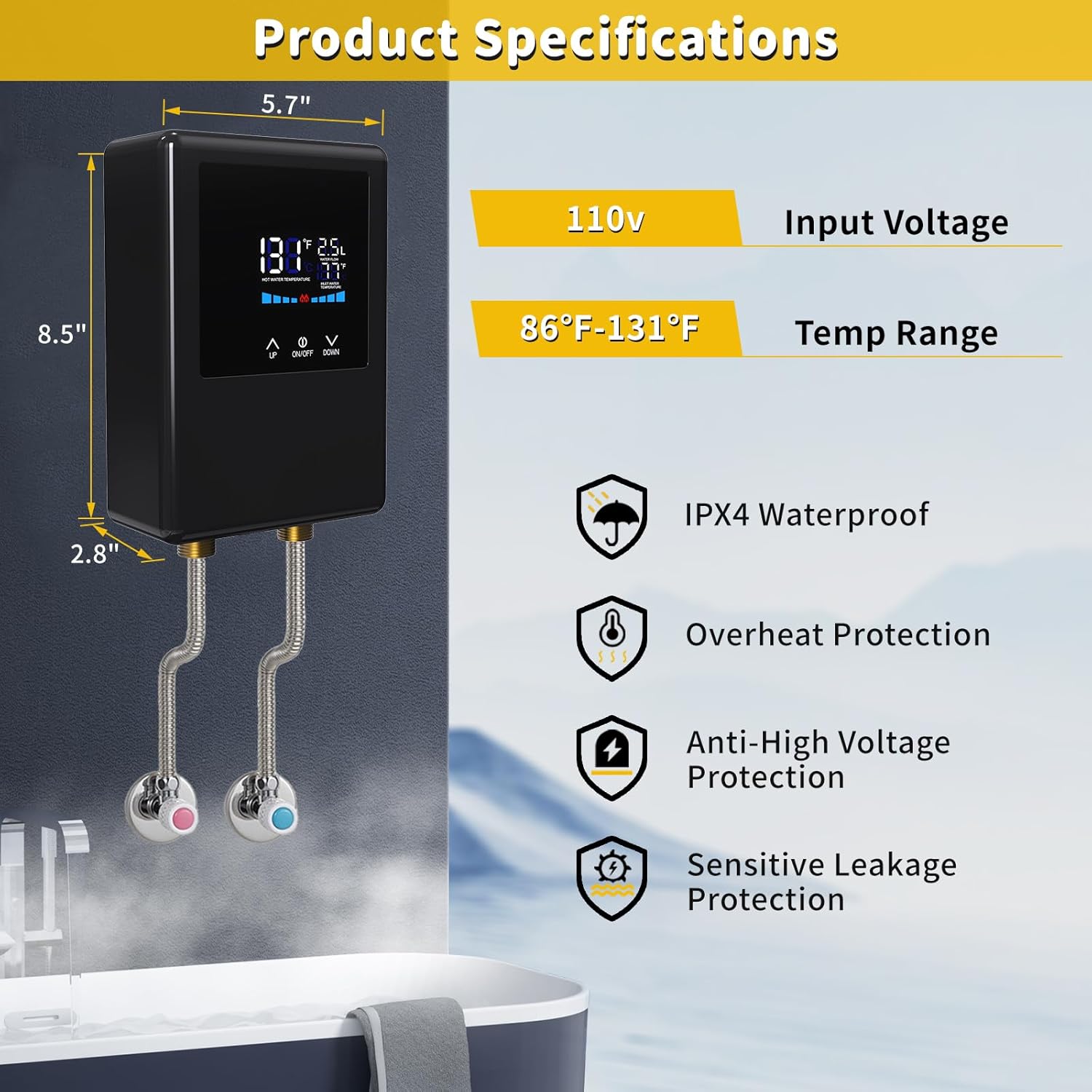 Tankless Water Heater Electric 110 V 5500W, Instant Hot Water Heater Under Sink, On Demand For Point Of Use for Bathroom and Faucet with Remote Control & LCD Touch Screen, Space-Saving