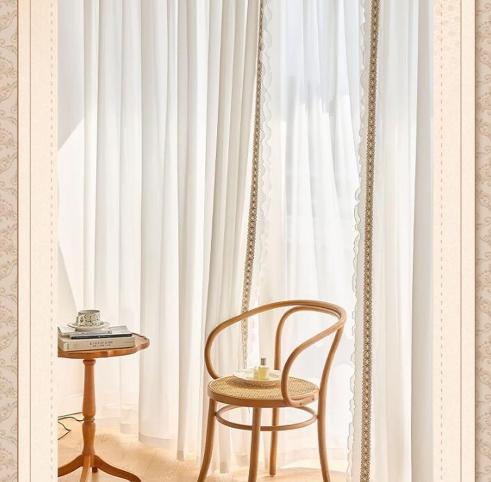 Daesar 2 Panneaux Rideaux Salon Beige Blanc, Rideau Transparent à Oeillets Couleur Unie avec Dentelle Noeud Papillon Rideaux Intérieurs pour Chambre Maison, Beige Blanc 102x160CM