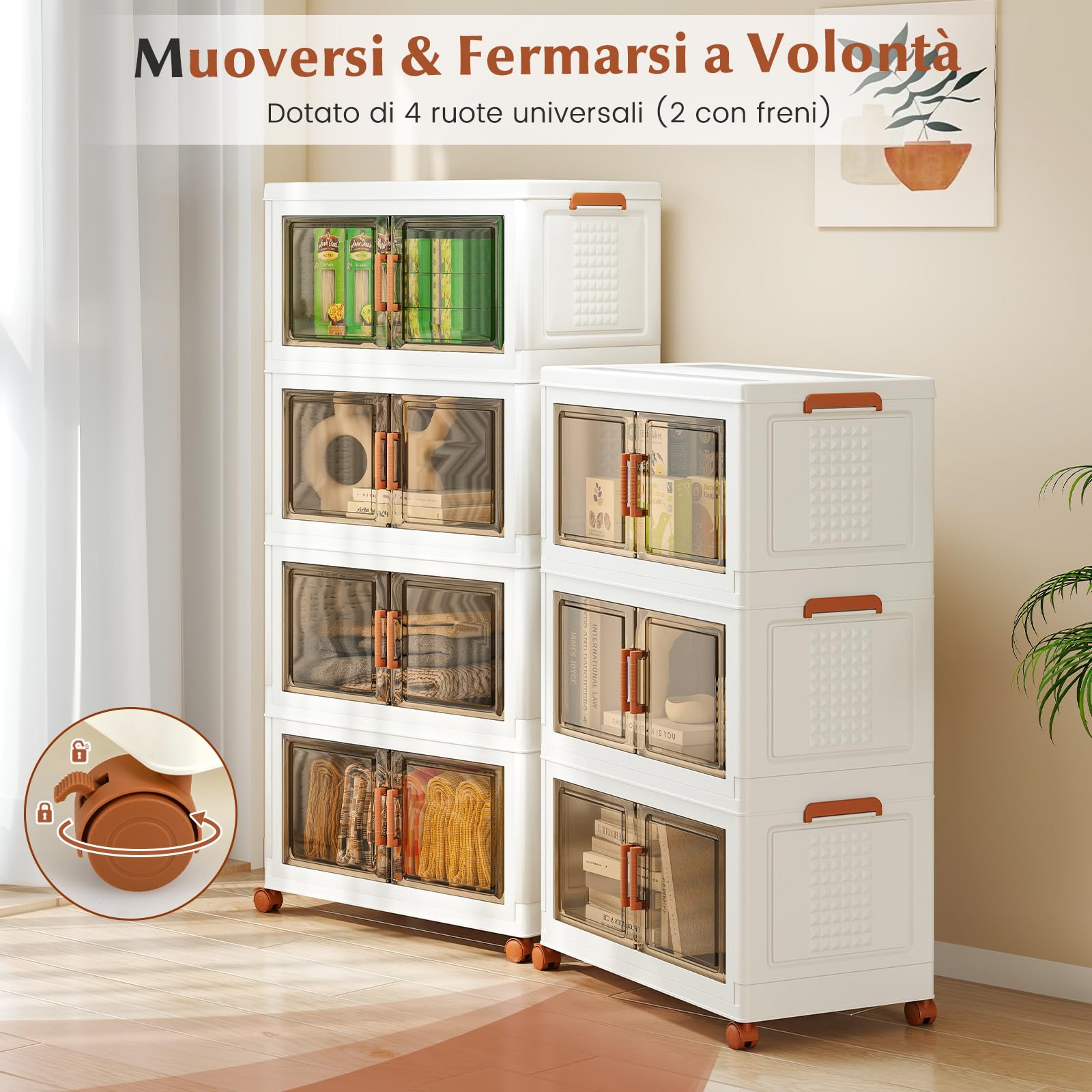 COSTWAY Contenitori Pieghevoli con Coperchio, Set da 4/3 Scatole di Plastica Impilabili con Ruote, per Organizzatore di Armadio con Porte a Apertura Frontale, Multiuso (68,5 x 37,5 x 140 cm)