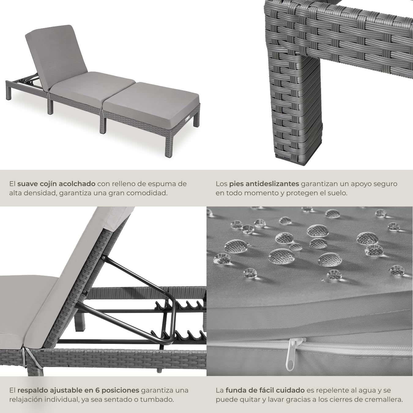 tectake® Tumbona Jardín Exterior de Ratán y Acero con Cojines, Tumbona de Piscina con Respaldo Regulable en 6 Posiciones, Tumbona de Playa Estable y Resistente a Intemperie, Fácil Limpieza - Gris