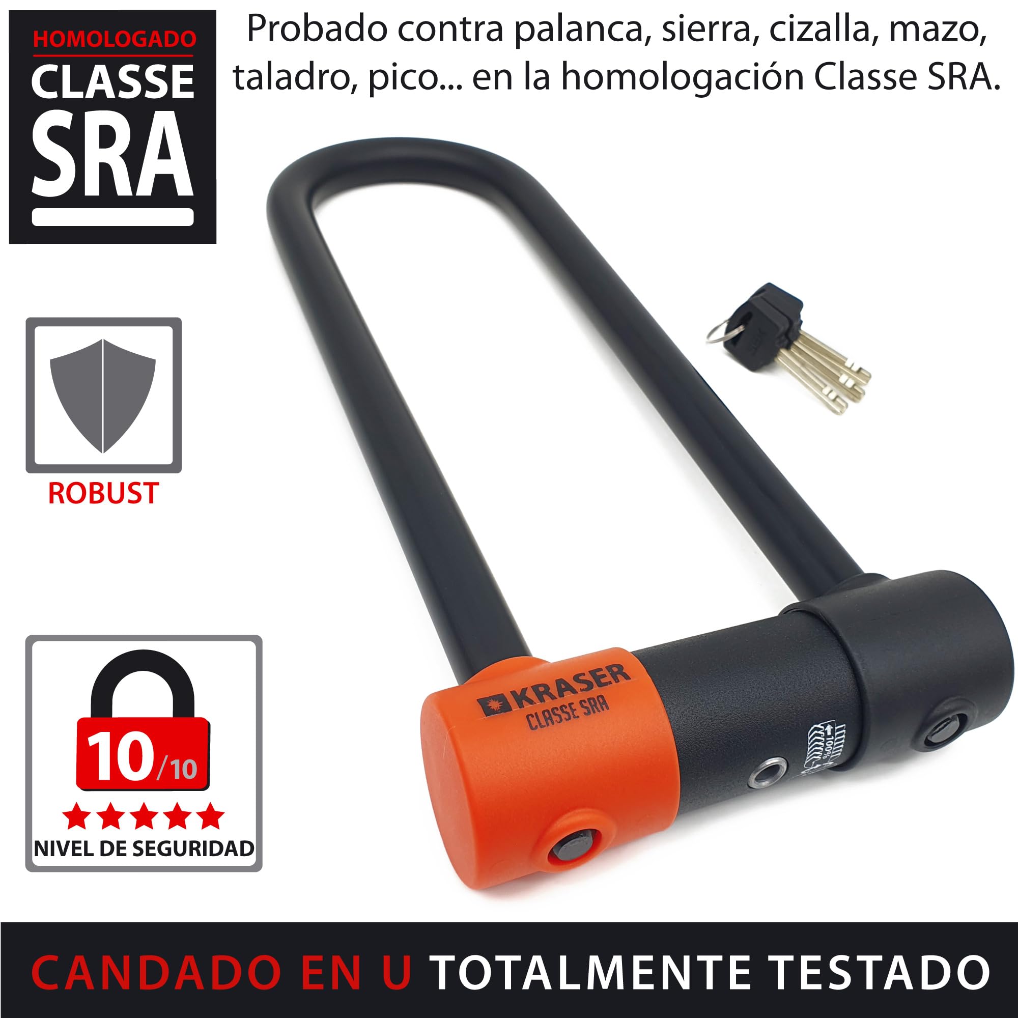 KRASER KR85L Robusto Candado Moto U Bloqueo, Homologado SRA, Alta Seguridad Testada, Arco 85x300mm ø18mm Doble Cierre, Cerradura Antiganzua, Antirrobo U Lock para Motocicleta, Scooter, Bici Eléctrica