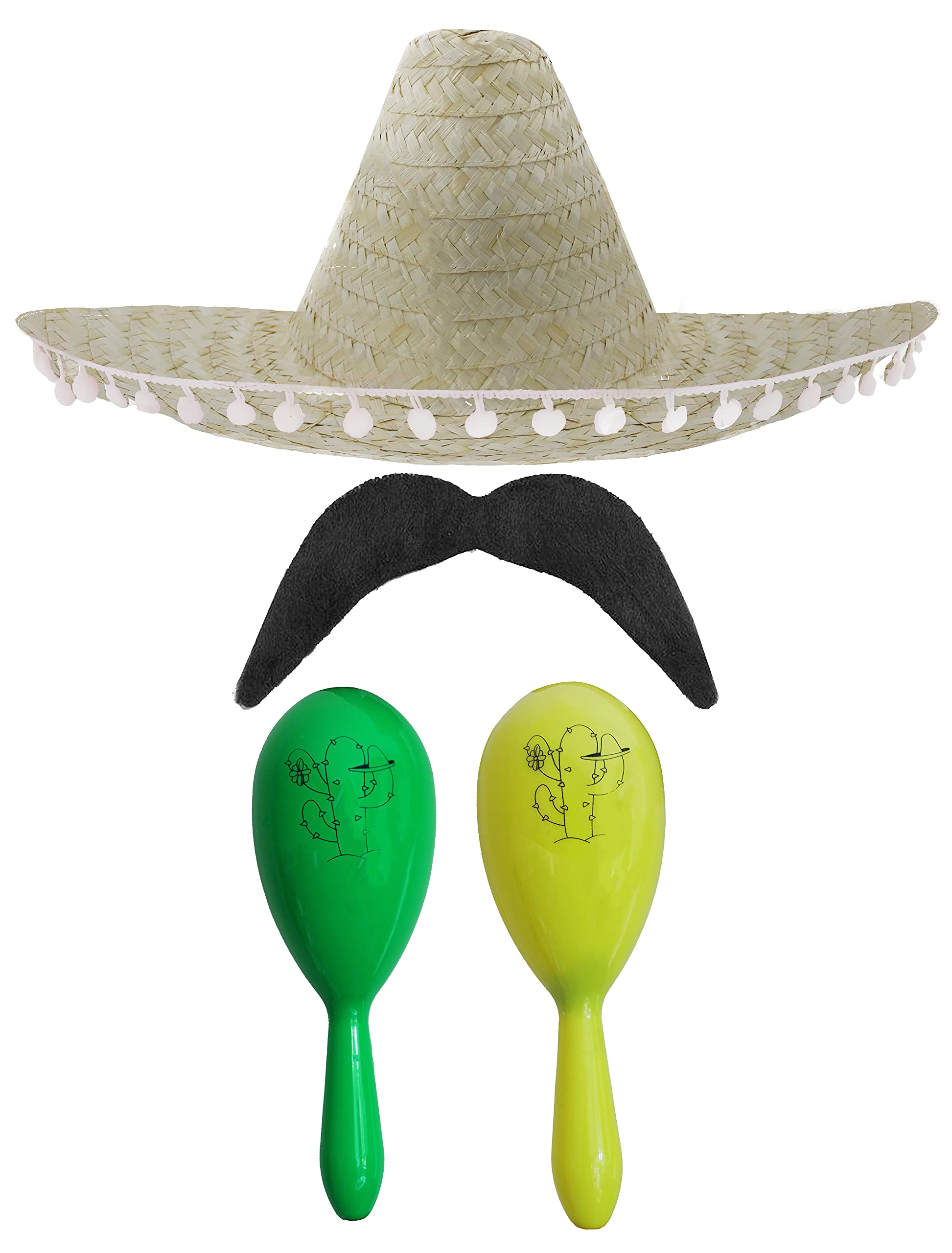 Adults Mexican Accessory Set - Natural Mexican Sombrero, Green & Yellow Maracas, Moustache - Mexican Cinco de Mayo Sensorita Bandit Mariachi Fancy Dress Costume Accessory Set