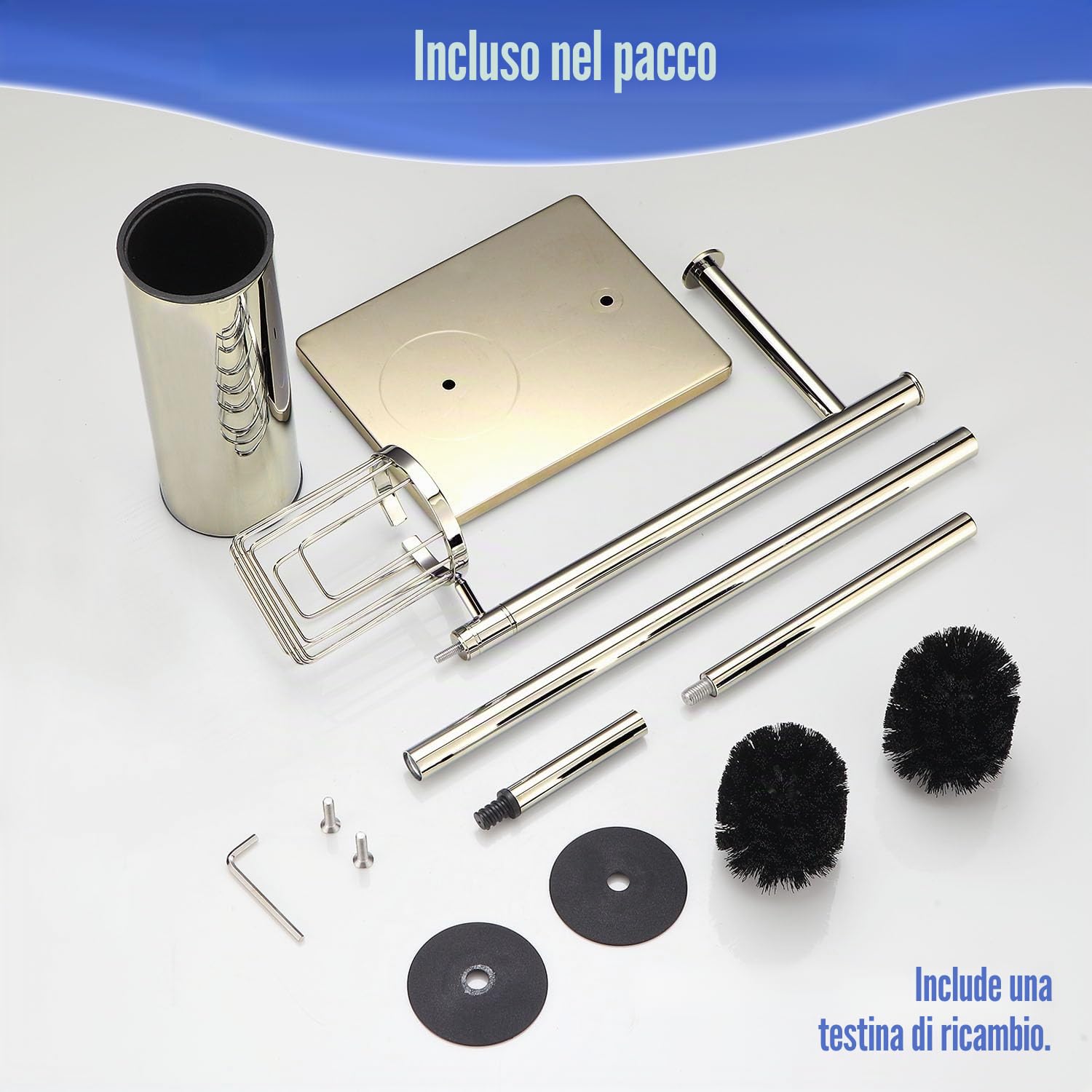 BGL Porta carta igienica in piedi con scopino per WC dorato, porta carta igienica con cestino angolare