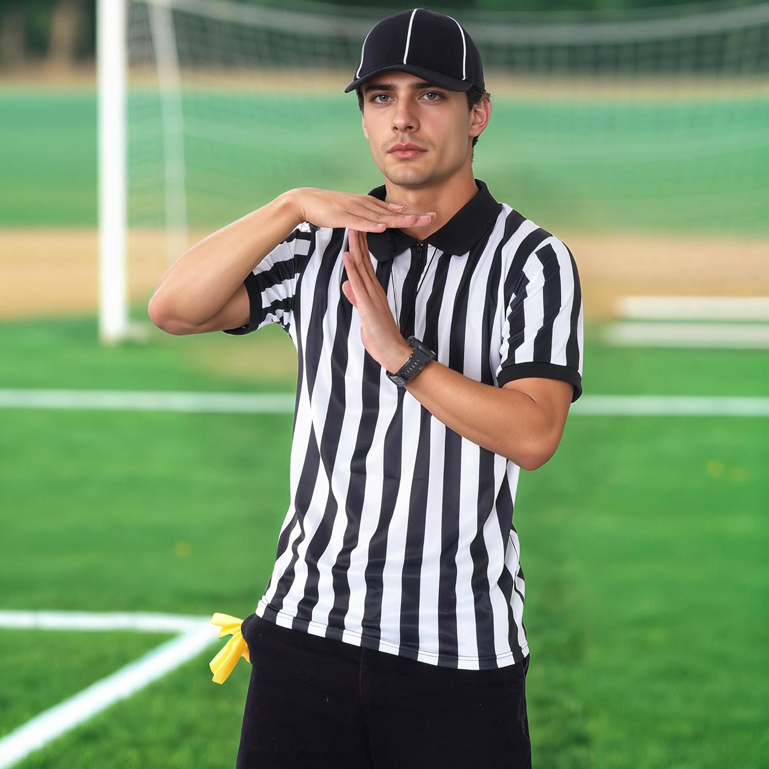 obmwang Referee Shirt for Womens and Mens, Stripe Umpire Jersey Referee Hat Yellow Penalty Flag and Whistle for Halloween - Image 5