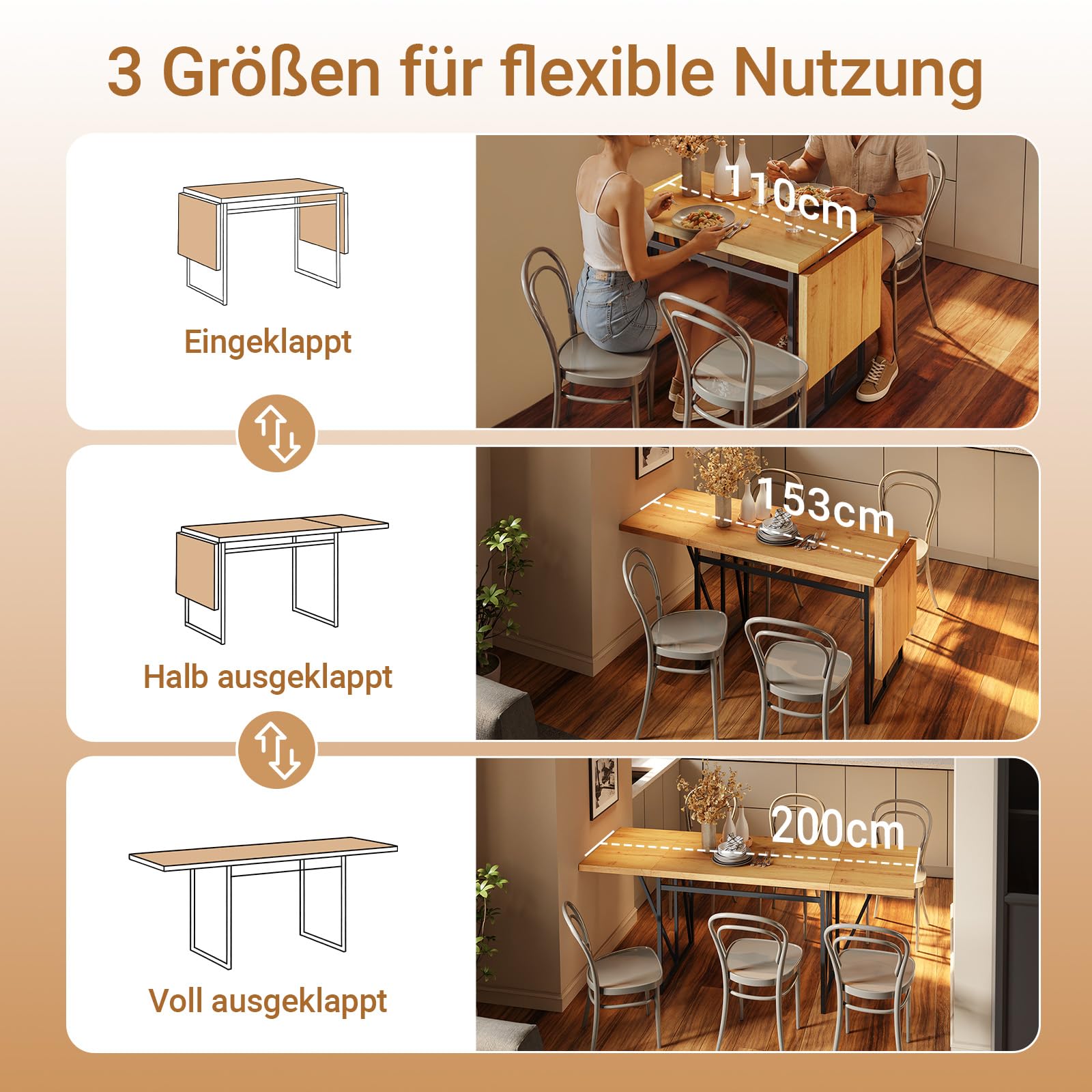 SoBuy Esstisch klappbar für 2-8 Personen, platzsparend, 65x(110-200) x76cm | Küchentisch ausziehbar, stabile Tischplatte in Holzoptik & Metallgestell, für Küche, Esszimmer & Arbeitsbereich, FWT113-N