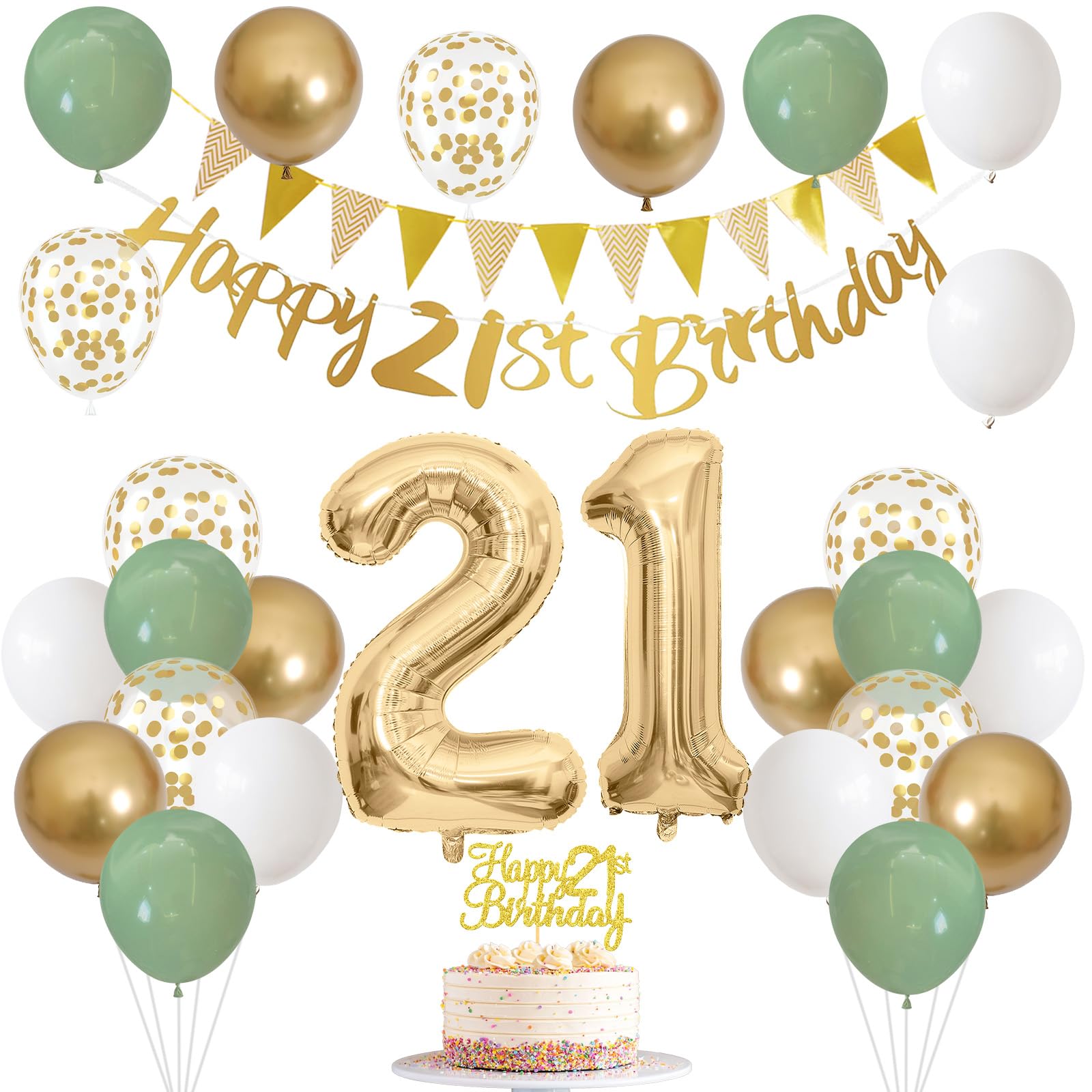 21st Birthday Decorations for Him Her, Happy Banner With Cake Topper Number 21 Foil Balloon, Sage Green White Gold Balloons for Men Women 21 Year Old Party Decoration