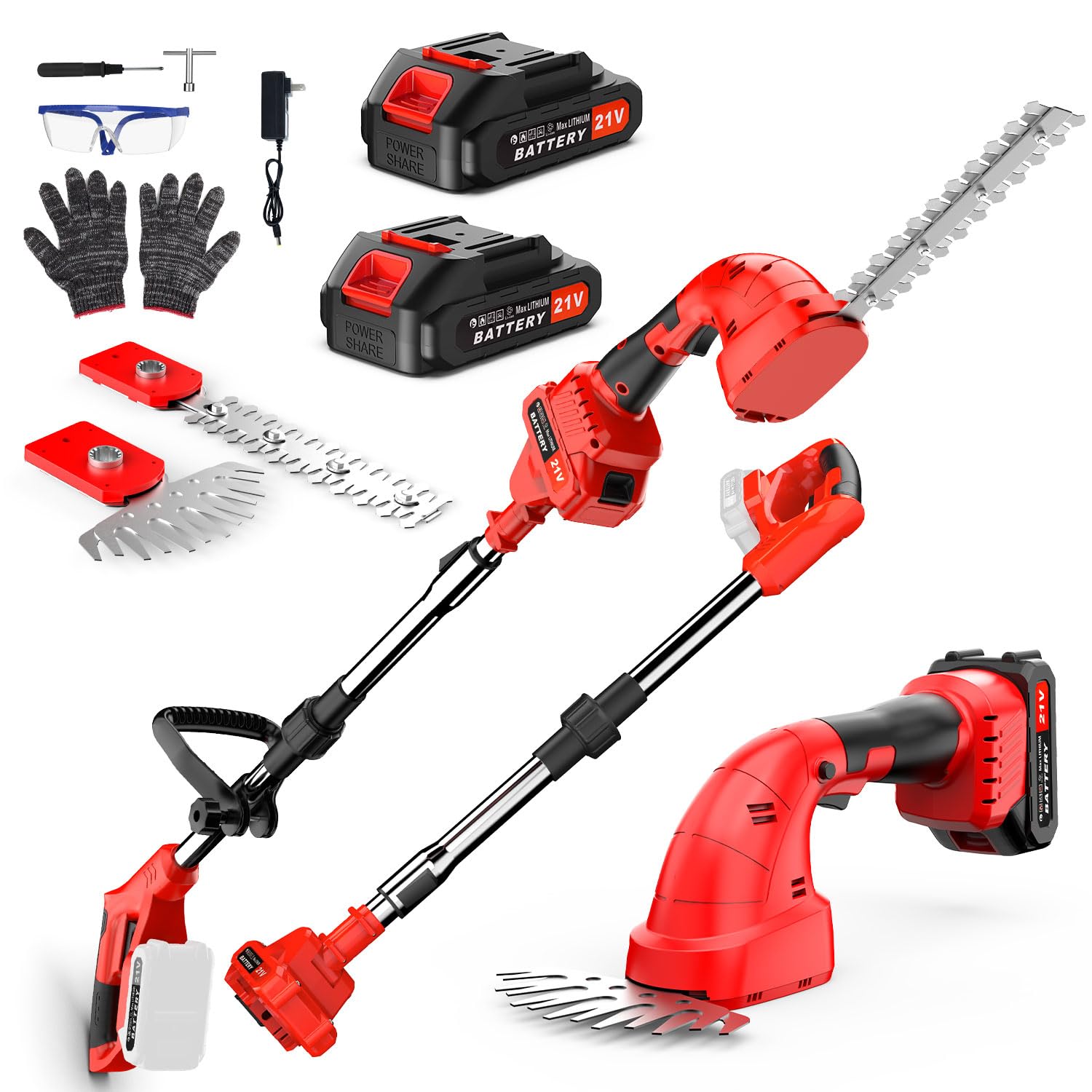 Cortasetos inalámbrico de largo alcance de 650 W telescópico de poste cortasetos ligero extendido con 2 baterías de 21 V y cargador de cuchillas dobles para setos, arbustos, ramas, arbustos